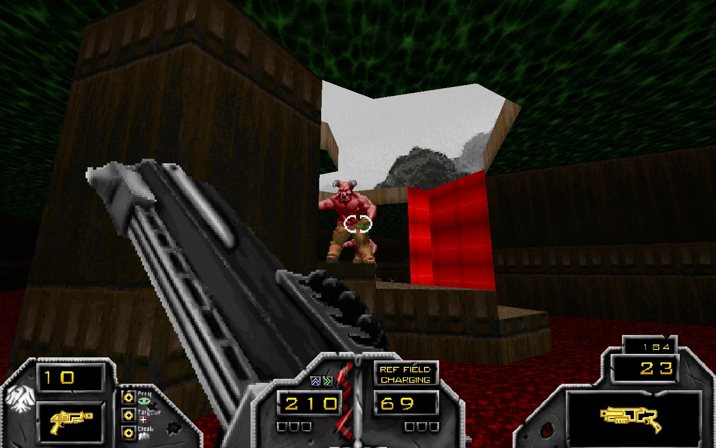 First-person view in Doom II mod Sable Blind showing a player aiming a large weapon at an Imp demon near a red glowing wall