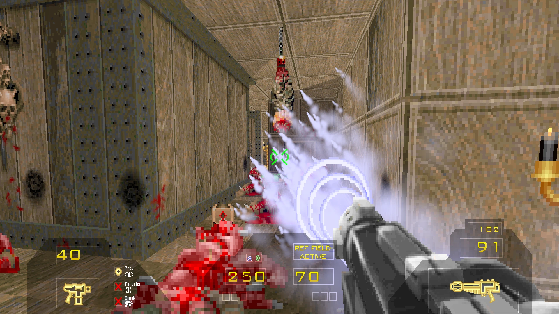 First-person view of shooting a futuristic weapon inside a brown corridor with blood splatters in Doom II mod