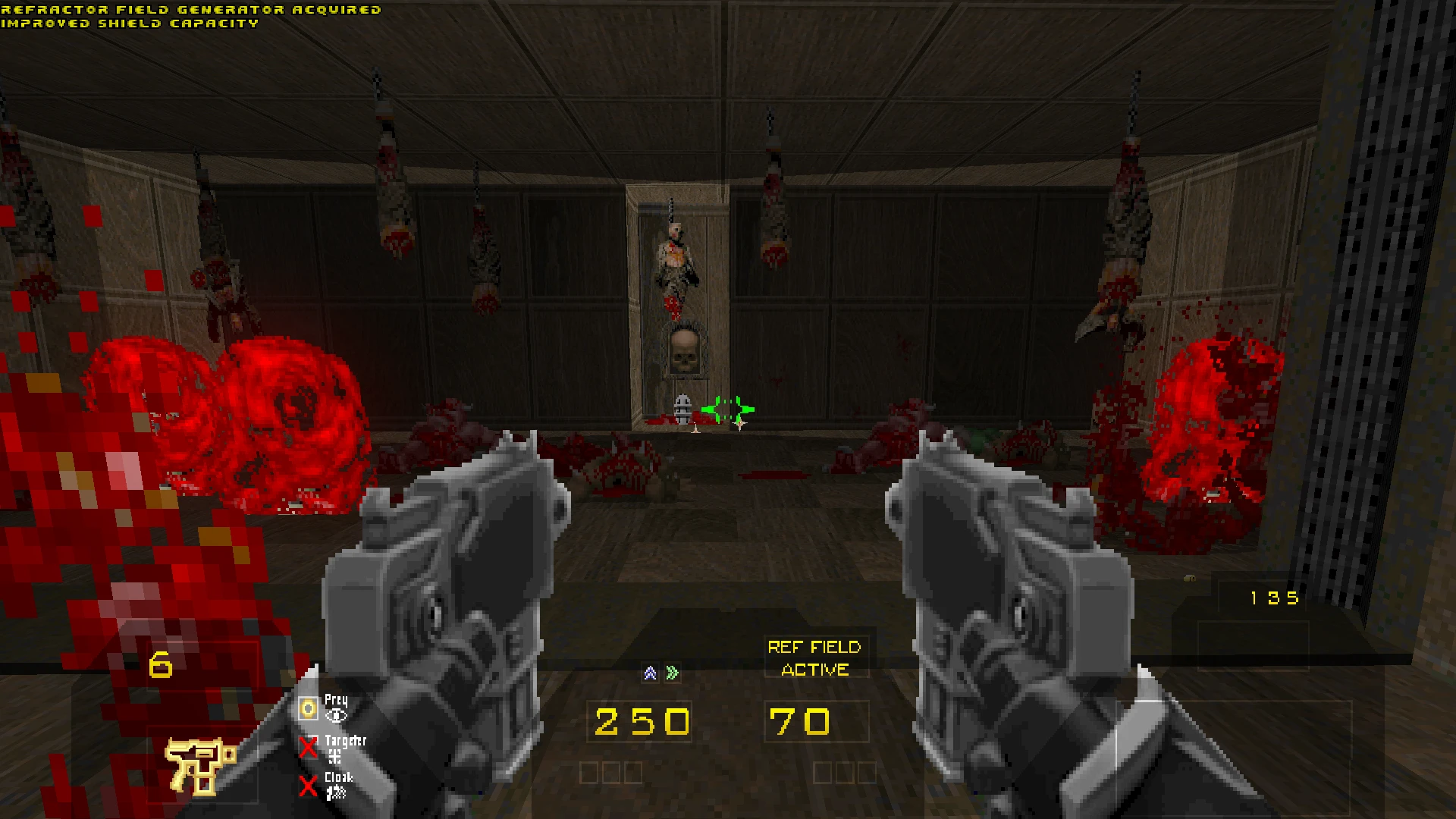First-person view in Doom II Sable Blind mod showing dual pistols firing in dark room with hanging bodies and red blood splatters