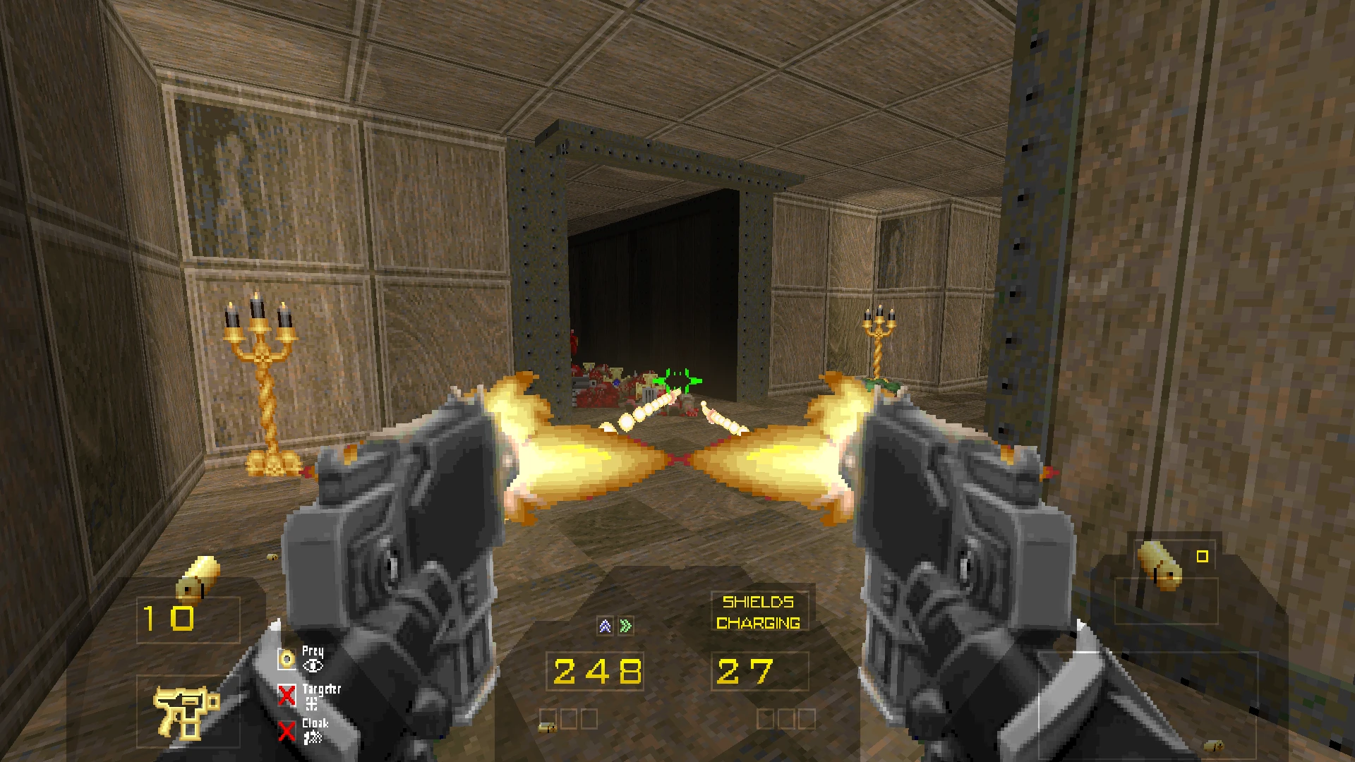 First-person view of dual pistols firing at enemies in dimly lit wooden corridor with HUD