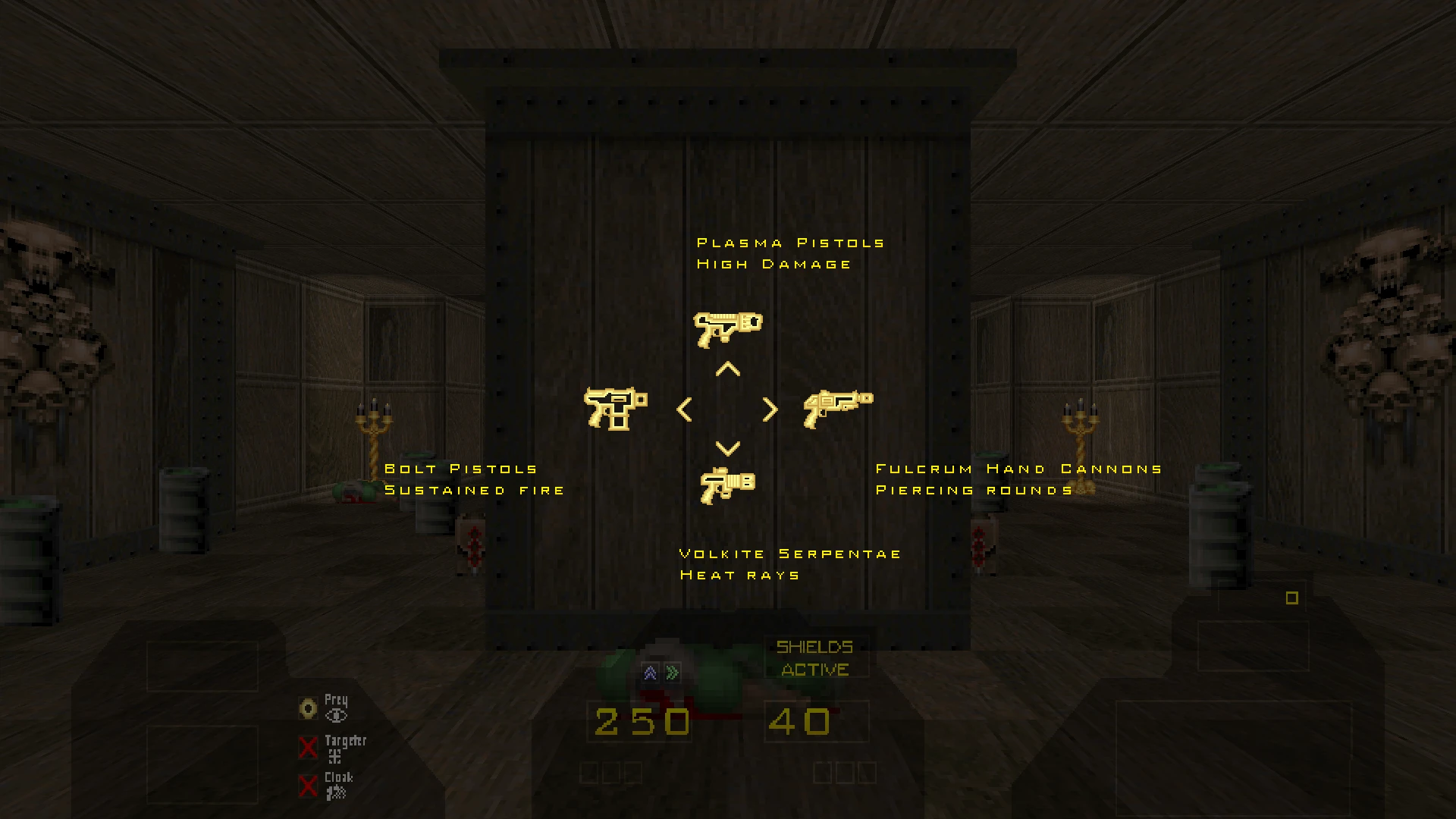 In-game weapon selection interface displays four different pistols with descriptions of damage and firing style