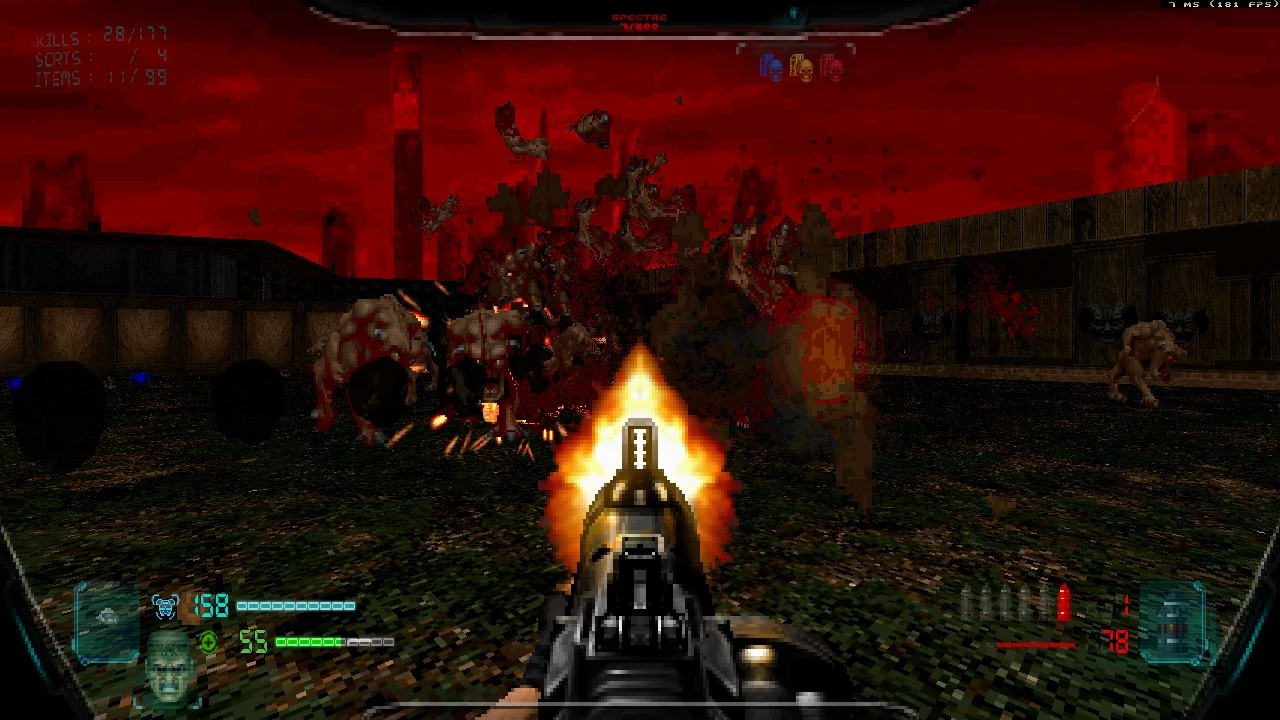 Вид від першої особи, стріляючи з кулемета по численних ворогах у моді Doom II Schism з кров’ю та вибухами