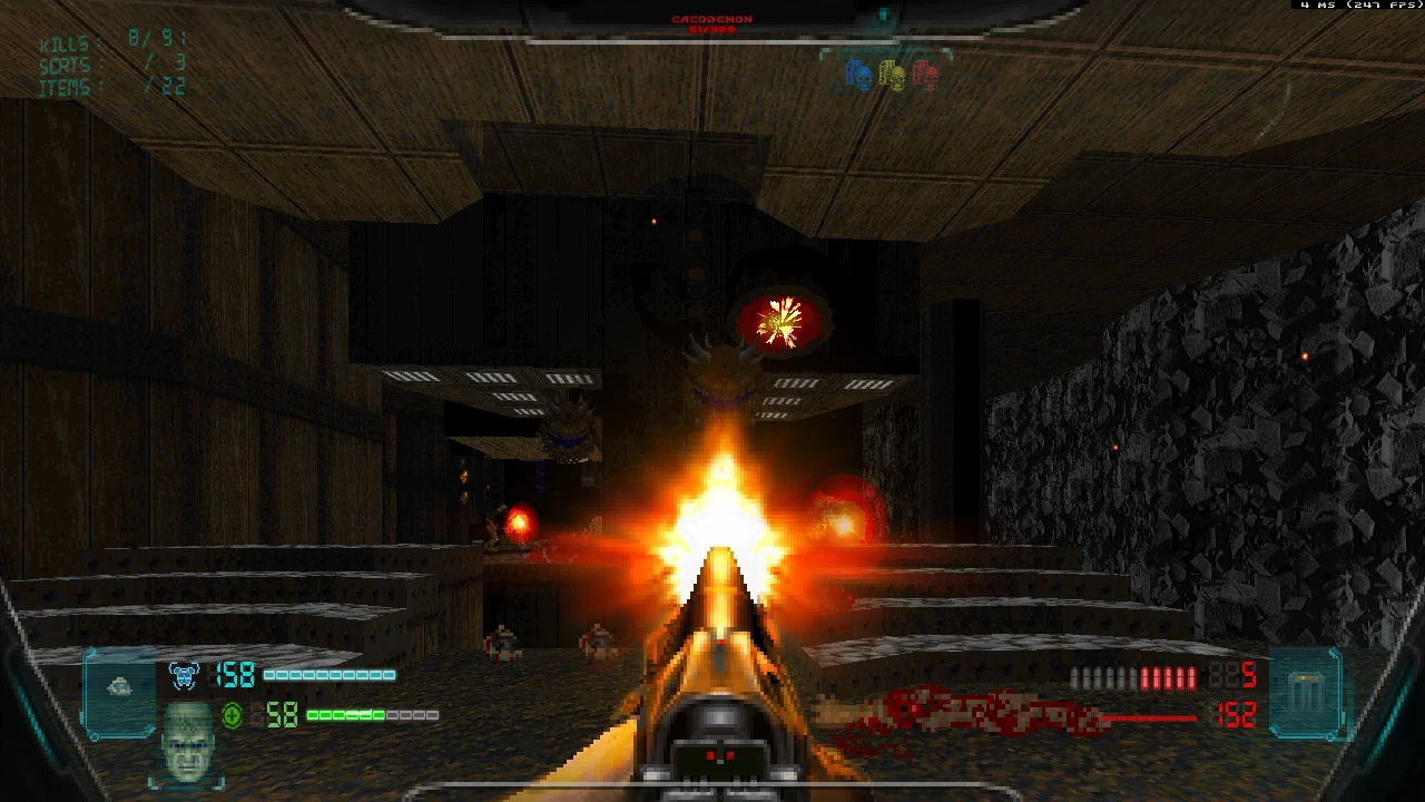 Скриншот гри, де гравець стріляє в Какодемонів у темному коридорі в моді Doom II Schism