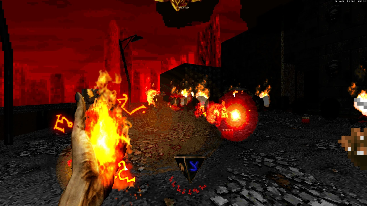 Вид від першої особи, який кидає кулі вогню на темній вулиці в моді Schism для Doom II