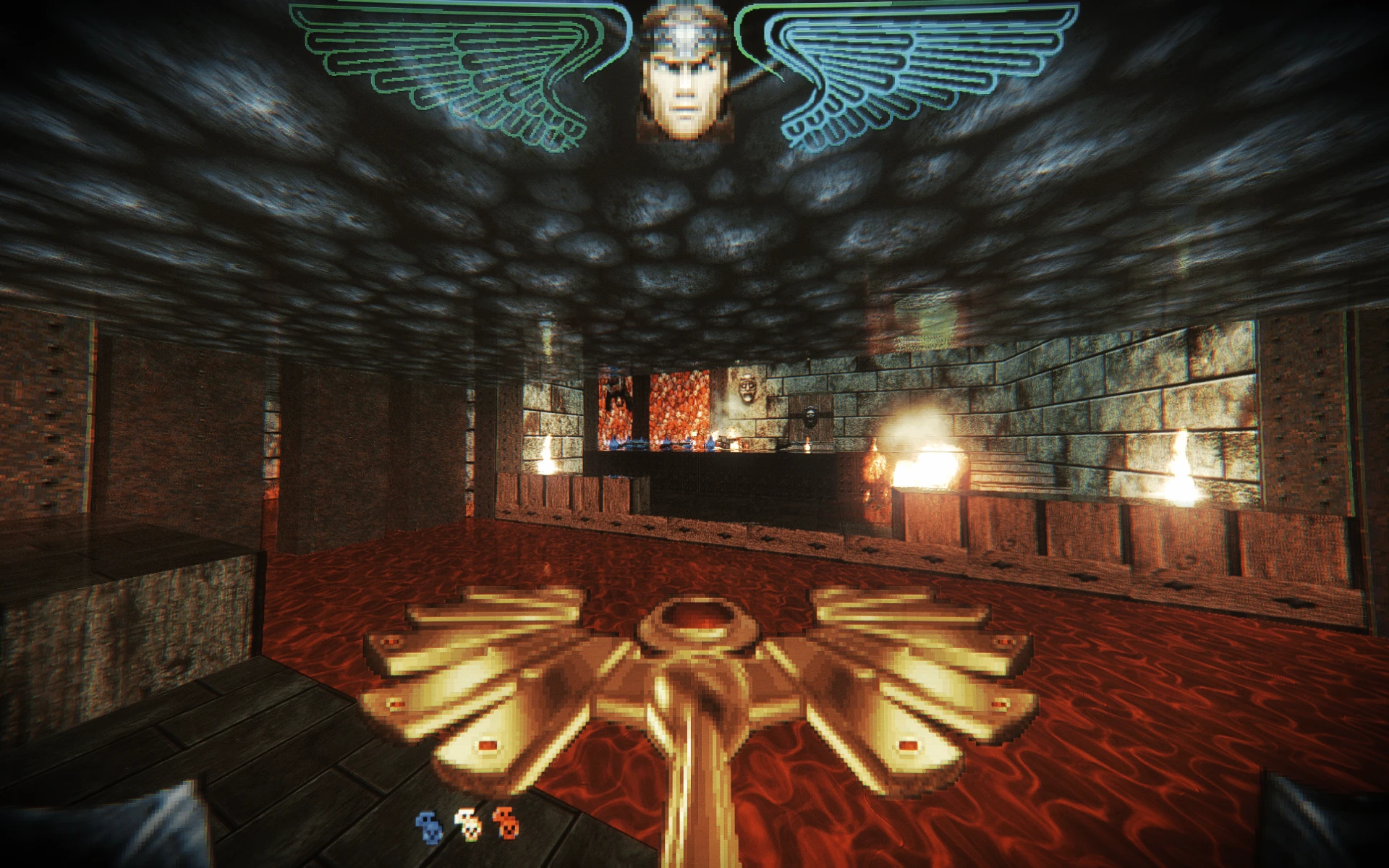 Ігровий кадр з темною кімнатою, лавовою підлогою, кам'яними стінами та вогняними факелами в моді Schism Doom II
