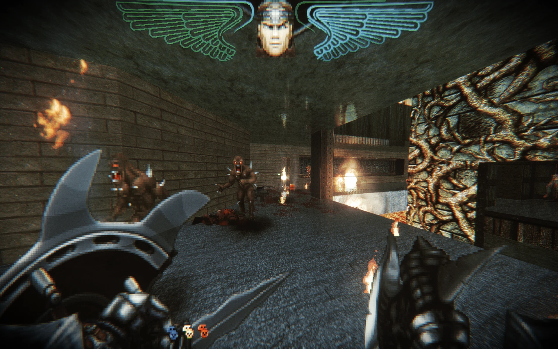 Вид від першої особи в моді Doom II Schism із ближнім боєм і атакуючими демонами в темному коридорі