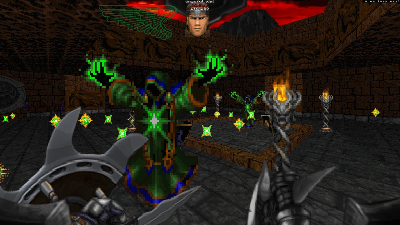 Гравець бореться з некромантами, що чаклують зеленою магією в темній кам’яній кімнаті моду Schism для Doom II