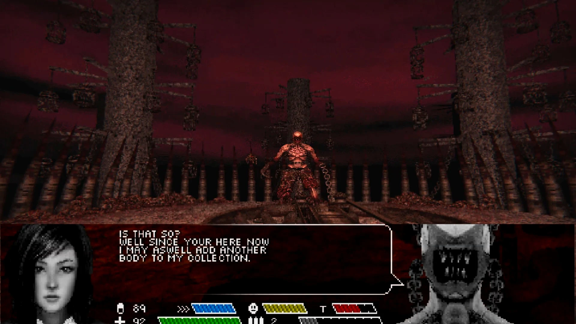 Escena del juego con un demonio encadenado rodeado de jaulas colgantes y un cielo rojo oscuro del mod Solace Dreams de Doom II