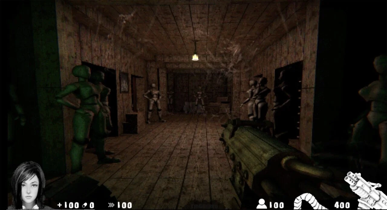 Vista en primera persona de un pasillo con paredes de madera y numerosos maniquíes con arma grande en el mod Solace Dreams de Doom II