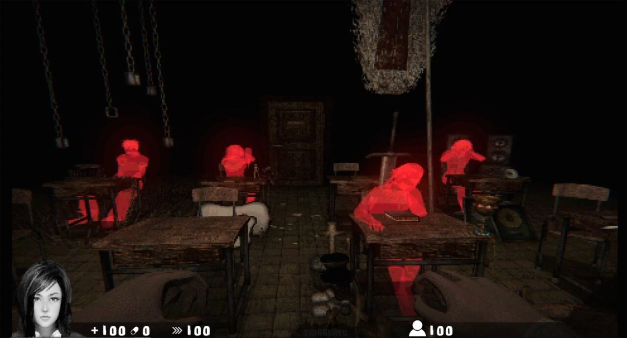 Captura del juego que muestra un aula tenue con figuras fantasmales rojas translúcidas sentadas en los pupitres