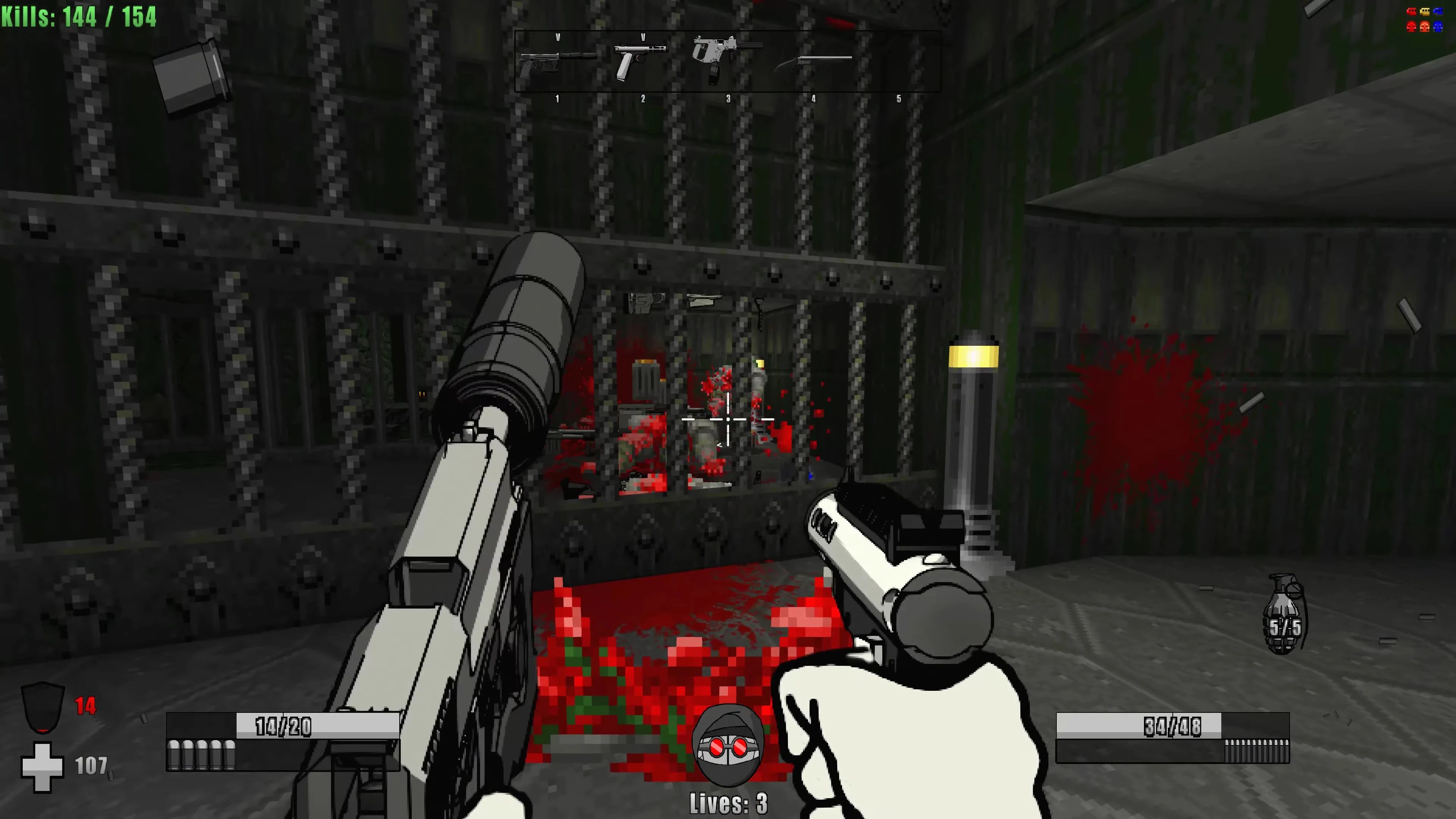 Spieler mit zwei Pistolen schießt auf Feinde in einem Käfig mit Blutspritzern im Doom II Mod