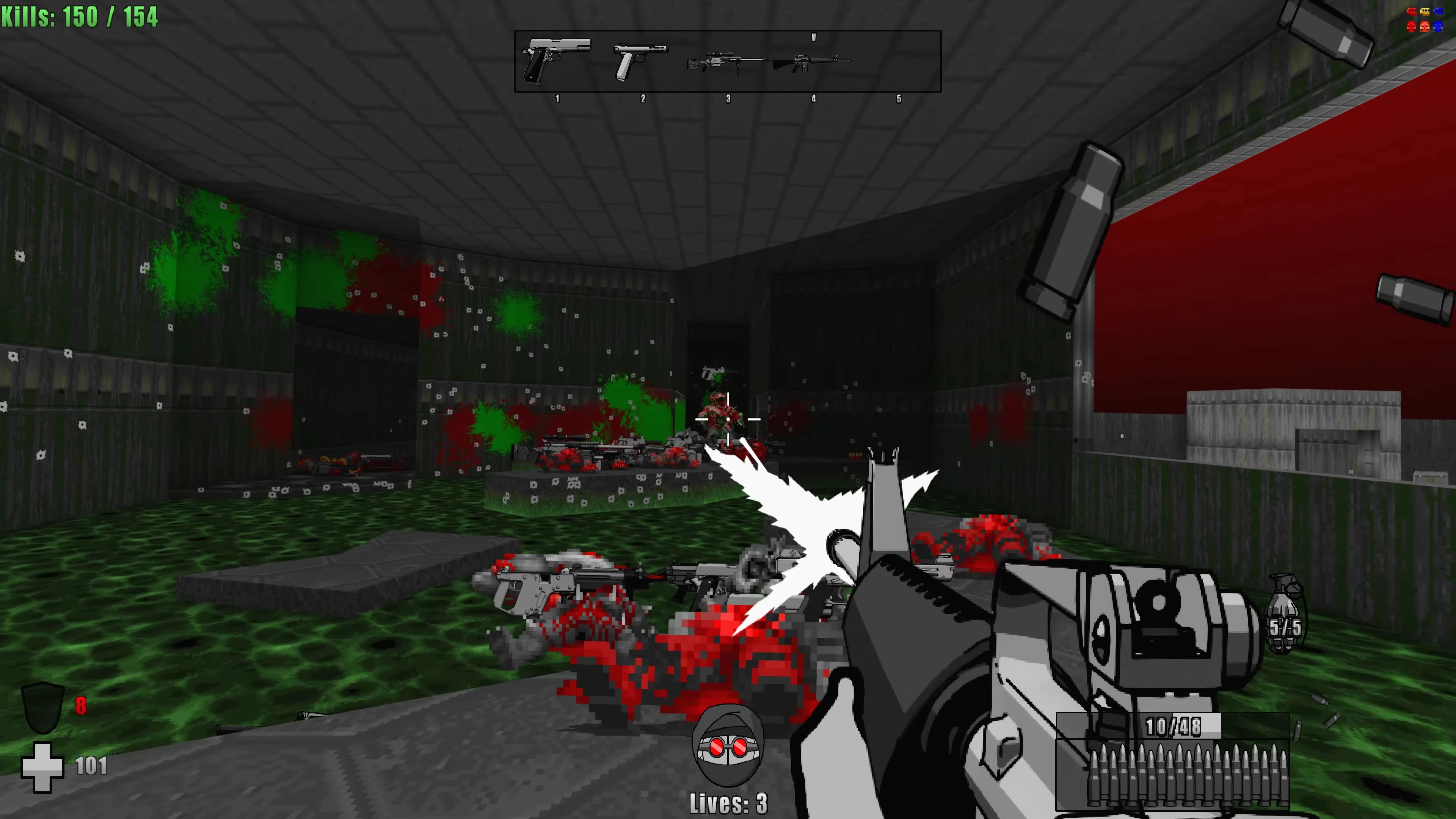 Spieler feuert mit Schusswaffen auf Feinde in einer dunkelgrünen und blutbespritzten höllischen Umgebung im Doom II Mod