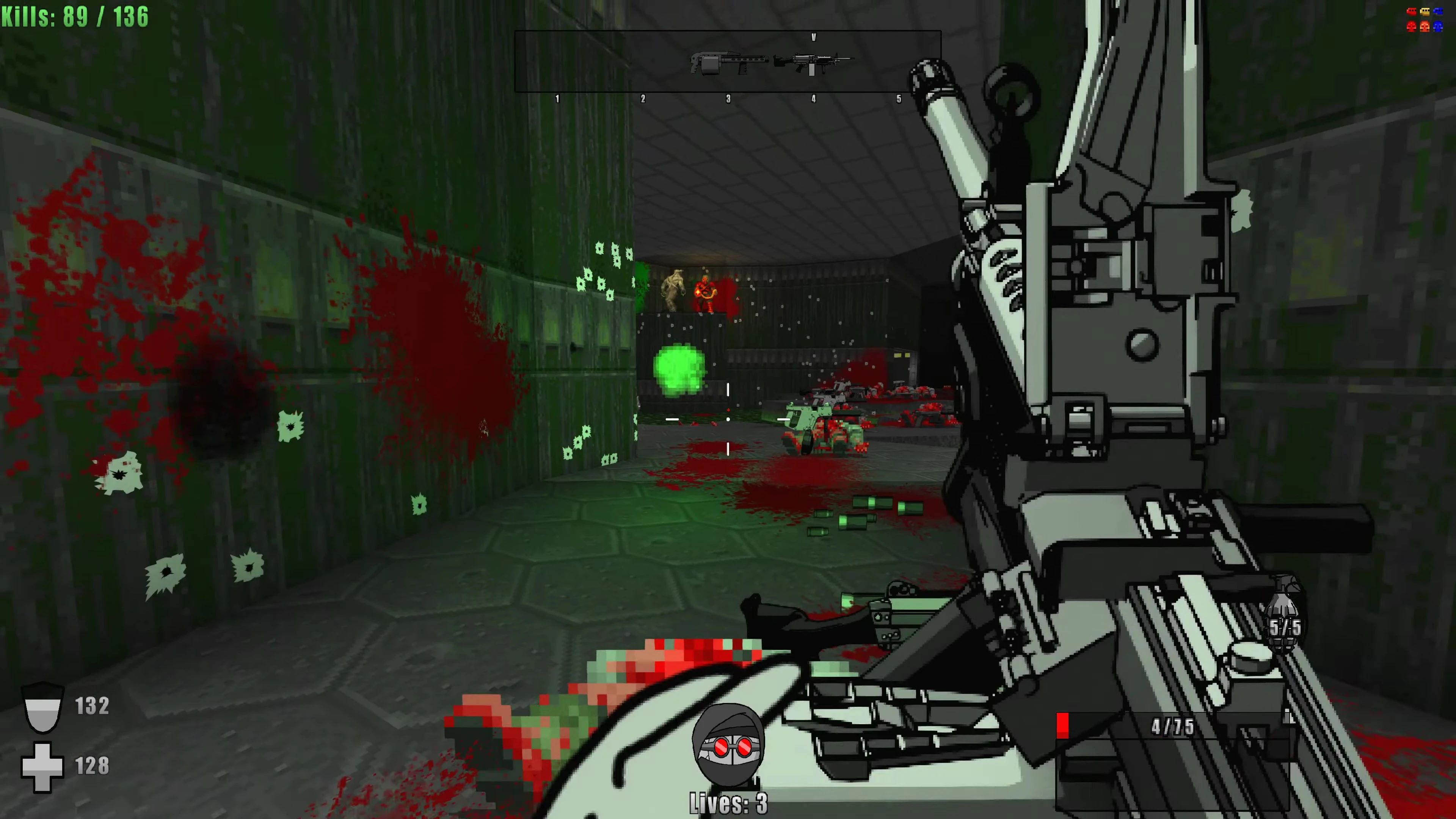 Erste-Person-Ansicht, Schießen in grünem Korridor mit Blutspritzern und pixeligen Gegnern im Doom II-Mod
