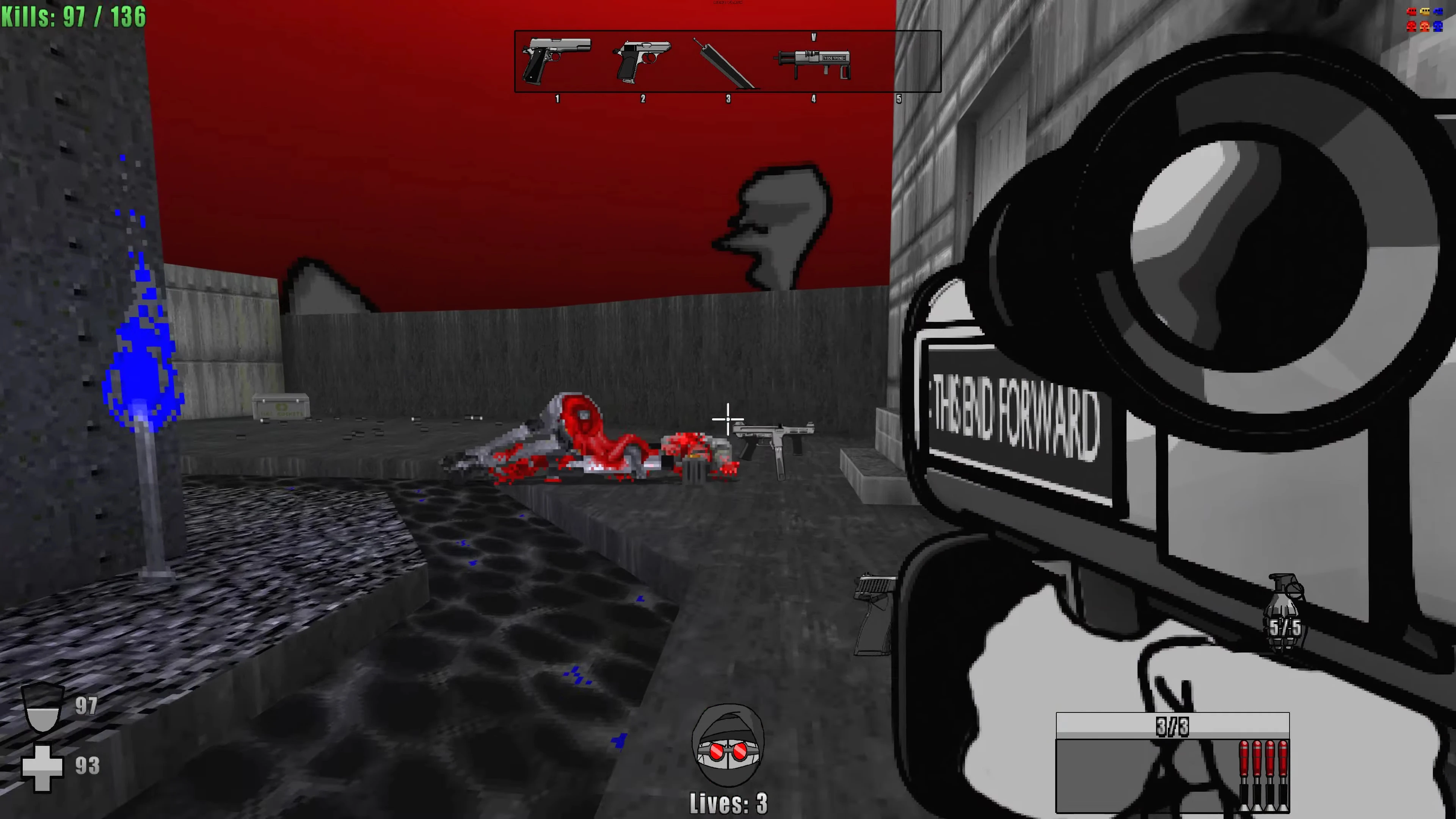Spieler zielt mit Zielfernrohrwaffe auf blutigen Feindkörper nahe Wasser unter rotem Himmel im Doom II-Mod Somewhere in Hell
