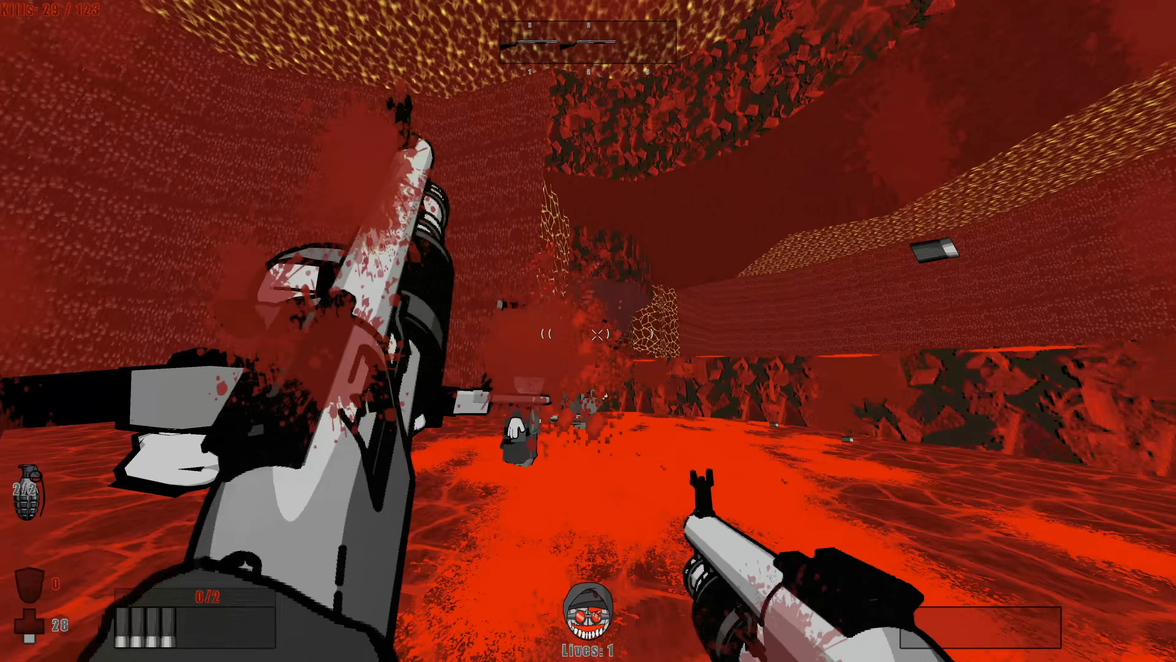 Erste-Person-Ansicht mit zwei Schrotflinten, die in einer feurigen roten Höllenumgebung im Doom II Mod schießen