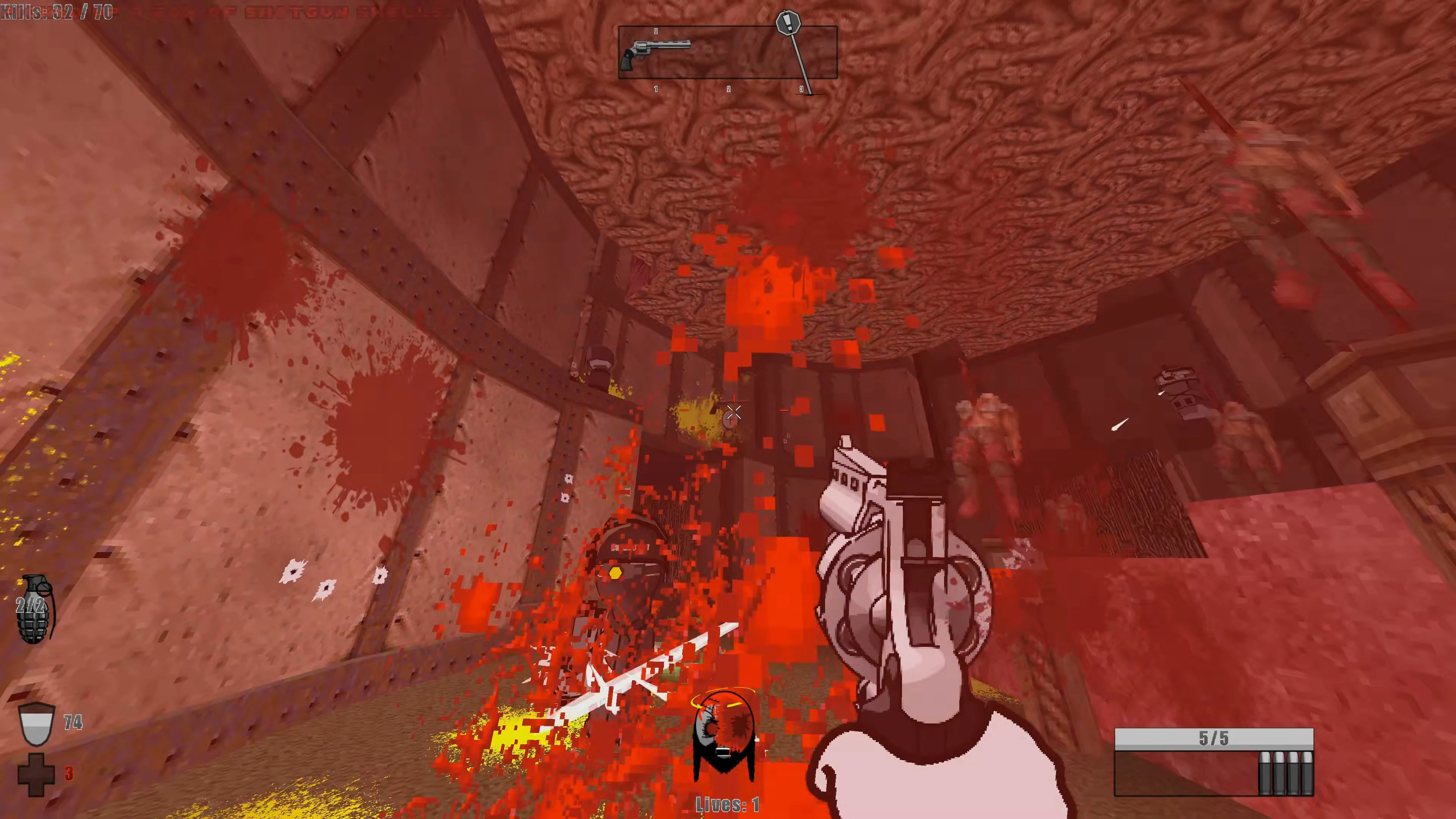 Erste-Person-Sicht mit Revolverschuss, Blut spritzt und Feinde in höllischem Doom II Mod-Level