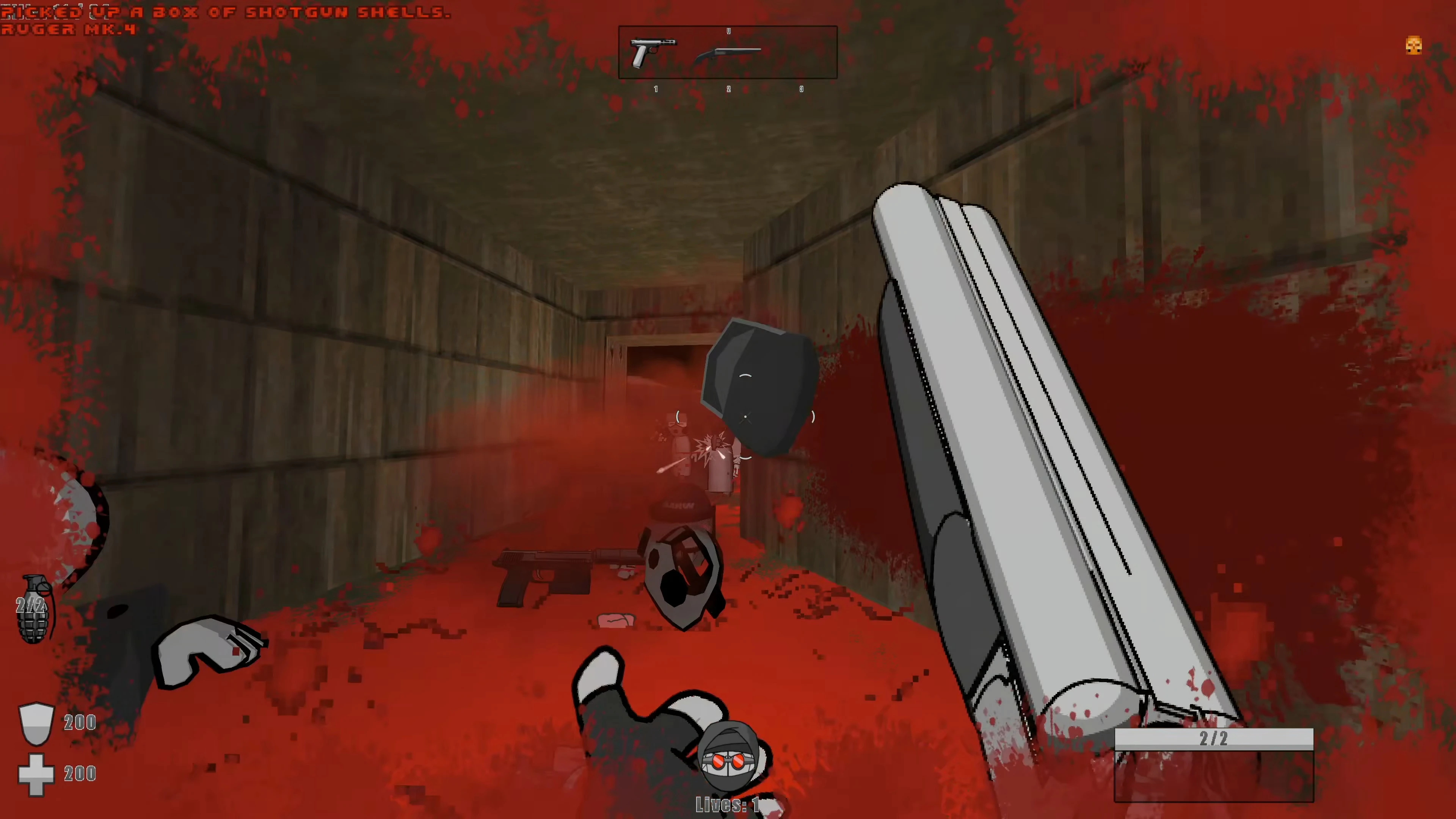 Erste-Person-Ansicht eines blutgetränkten Korridorkampfs mit Schrotflinte und fliegenden Trümmern im Doom II Mod Somewhere in Hell