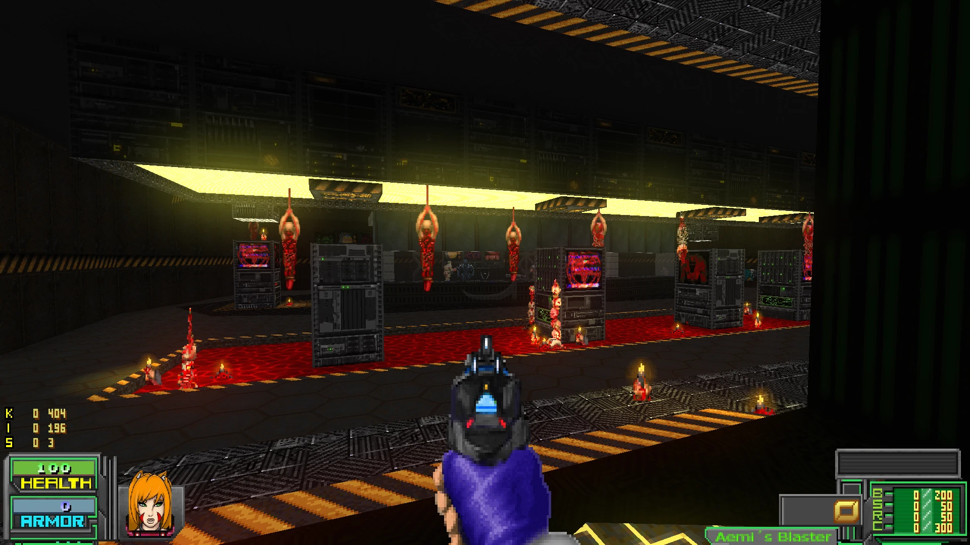 Вигляд від першої особи з прицілом на темну техно-кімнату з підвішеними трупами та червоною лавою в моді Doom II Space Cats Saga+