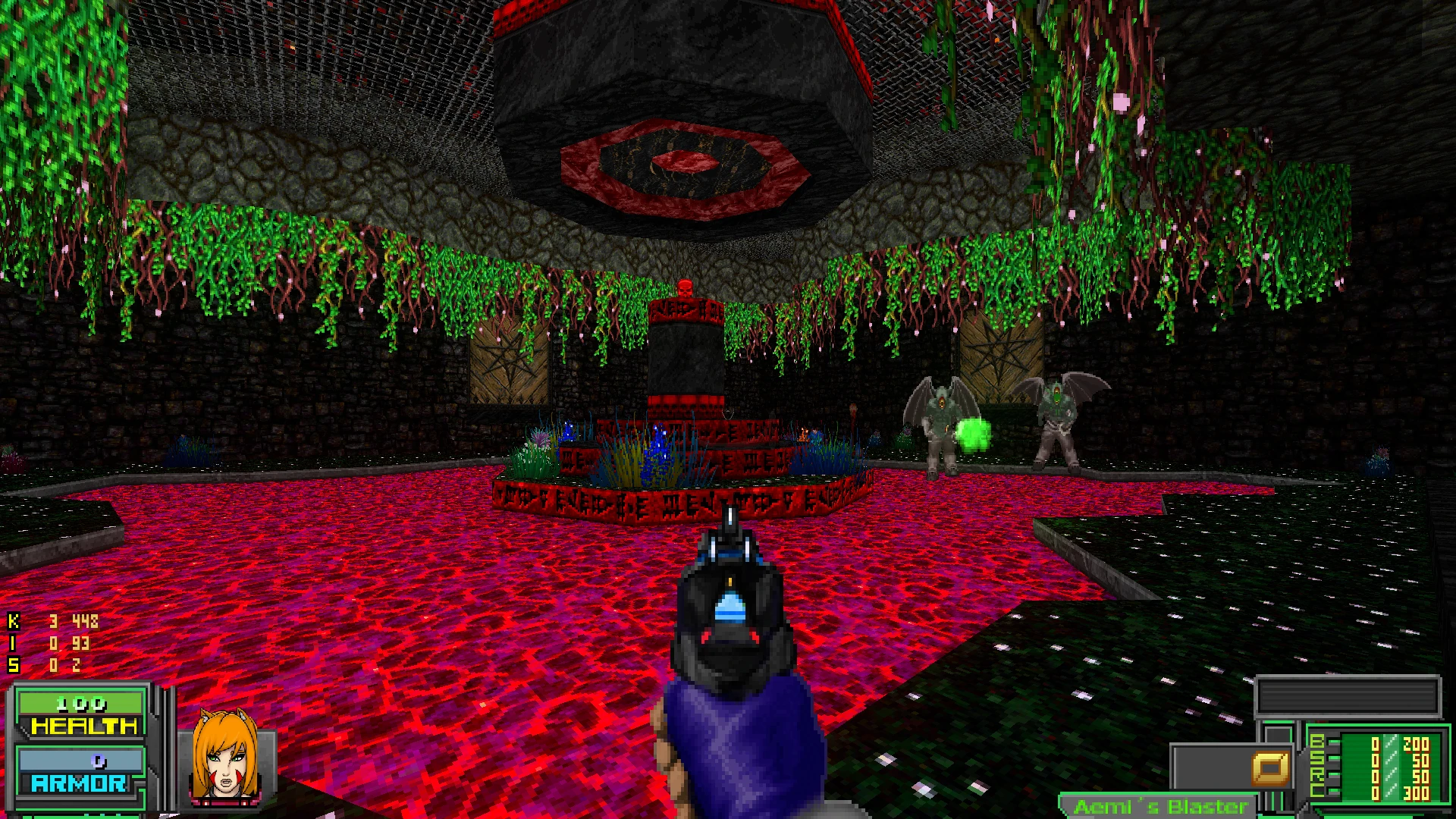 Вид від першої особи в моді Doom II, гравець прицілюється з футуристичного бластера на двох літучих гаргуляїв у кімнаті з лавою та зеленими висячими лозами