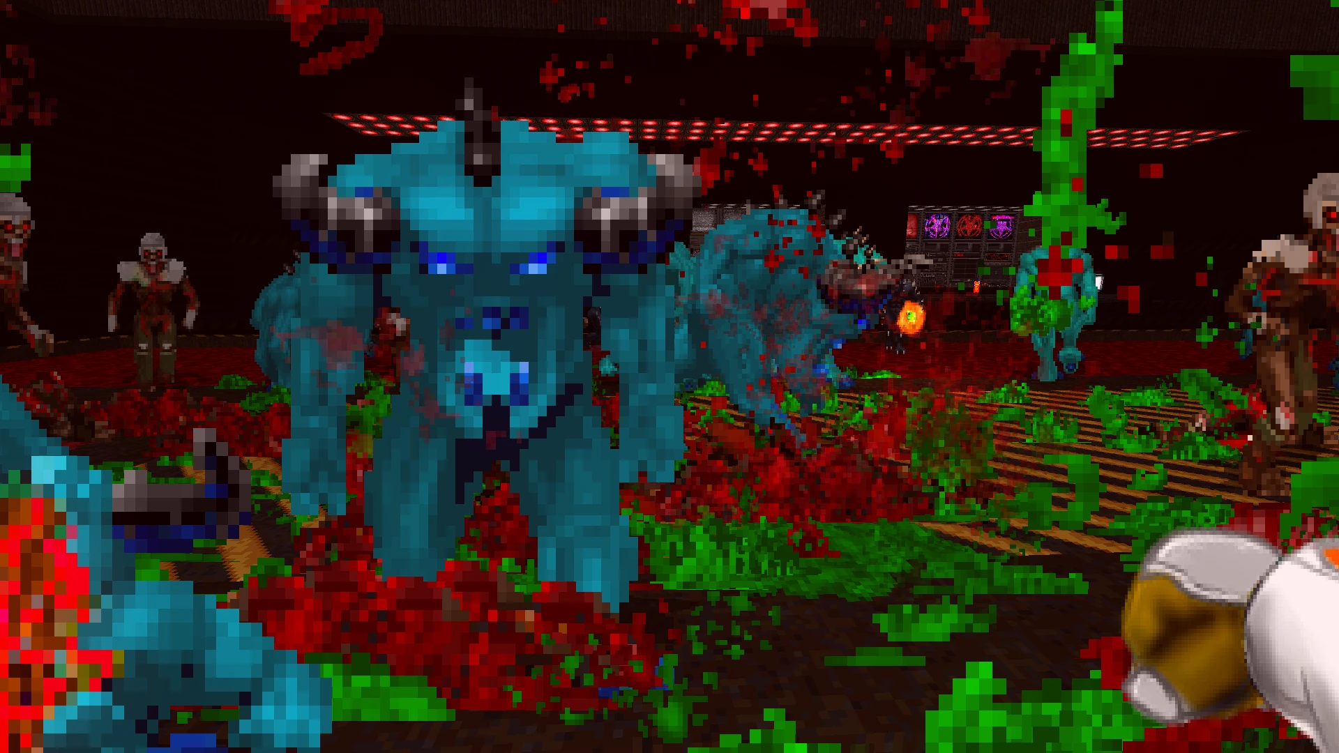 Піксельний геймплей Doom II з синіми демонами та кров'ю в моді Space Cats Saga+