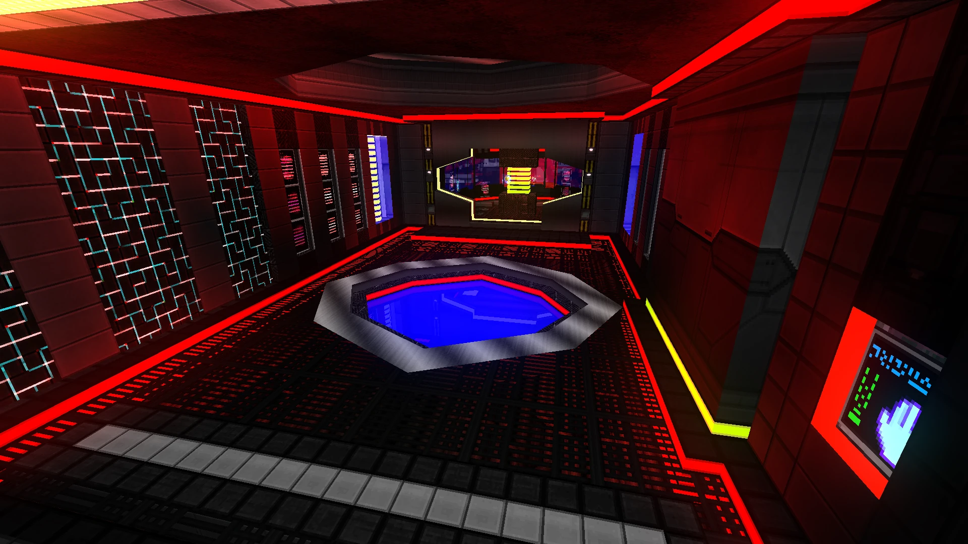 Інтер’єр футуристичної науково-фантастичної кімнати з червоним неоном і синім світним басейном у моді Space Cats Saga+ для Doom II
