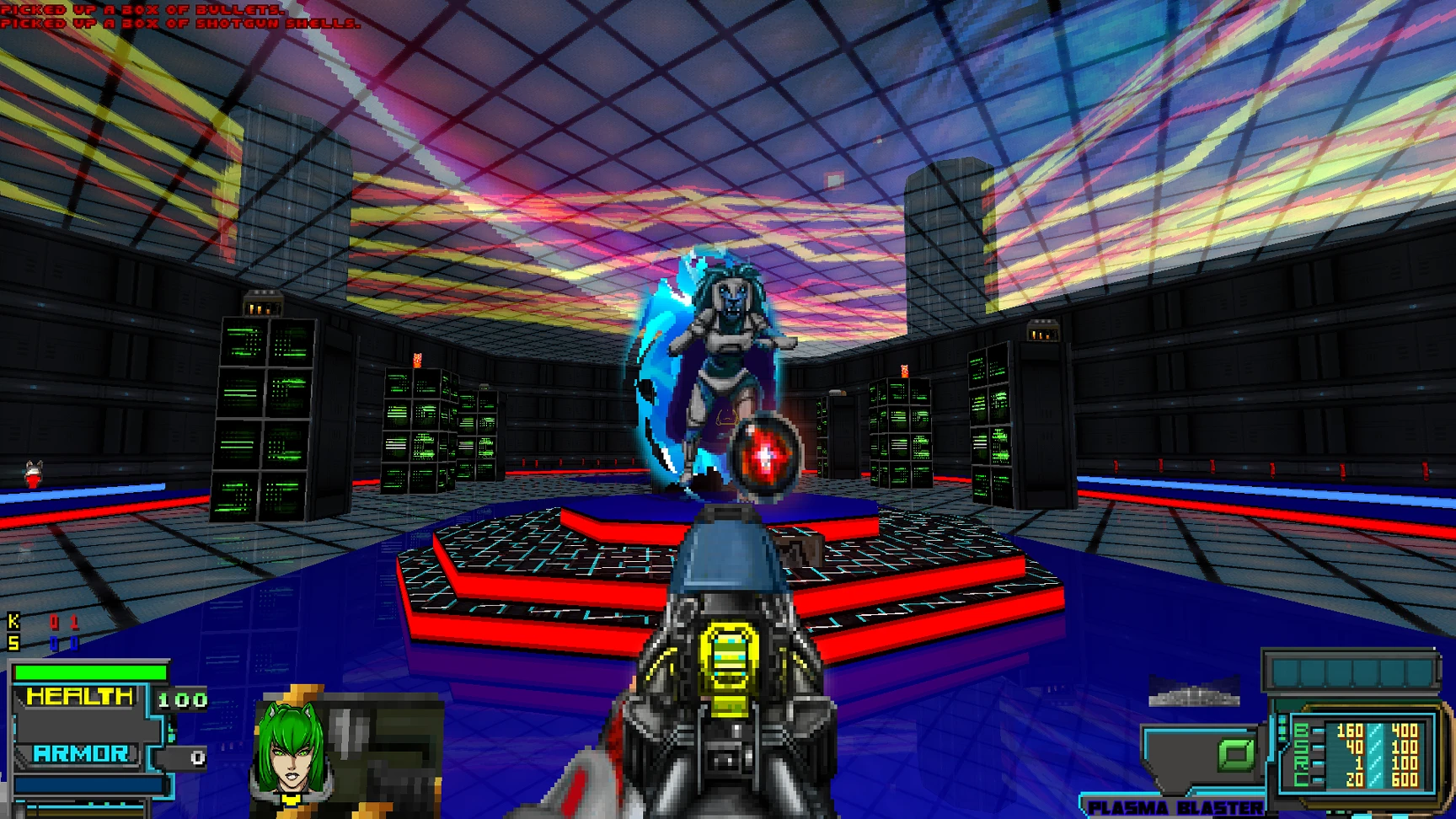 Гравець цілиться з плазмового бластера в світного ворога, що виходить з порталу у футуристичній кімнаті