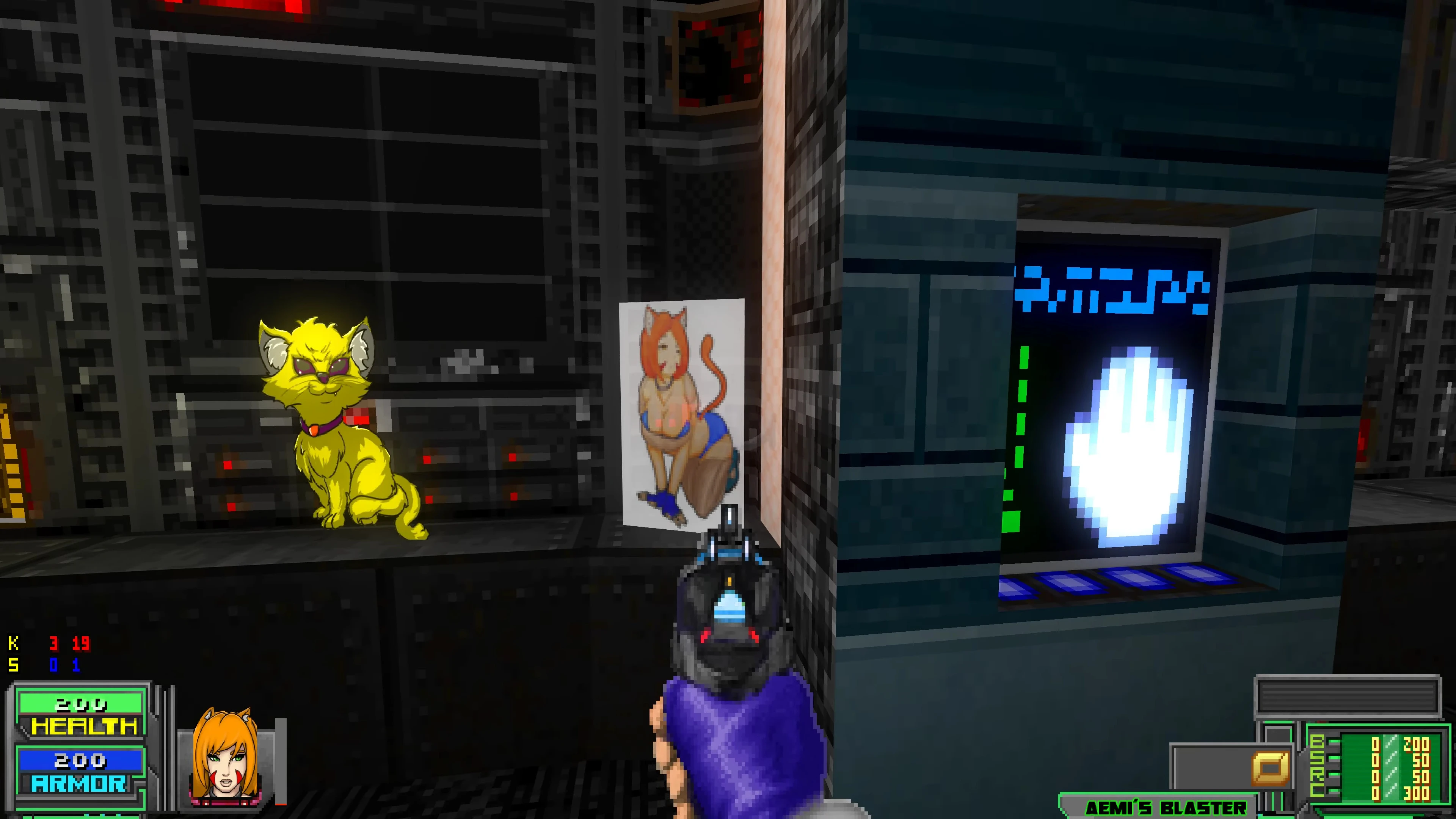 Вид від першої особи у темній науково-фантастичній базі з жовтою мультяшною статуеткою кота та плакатом з антропоморфним котом