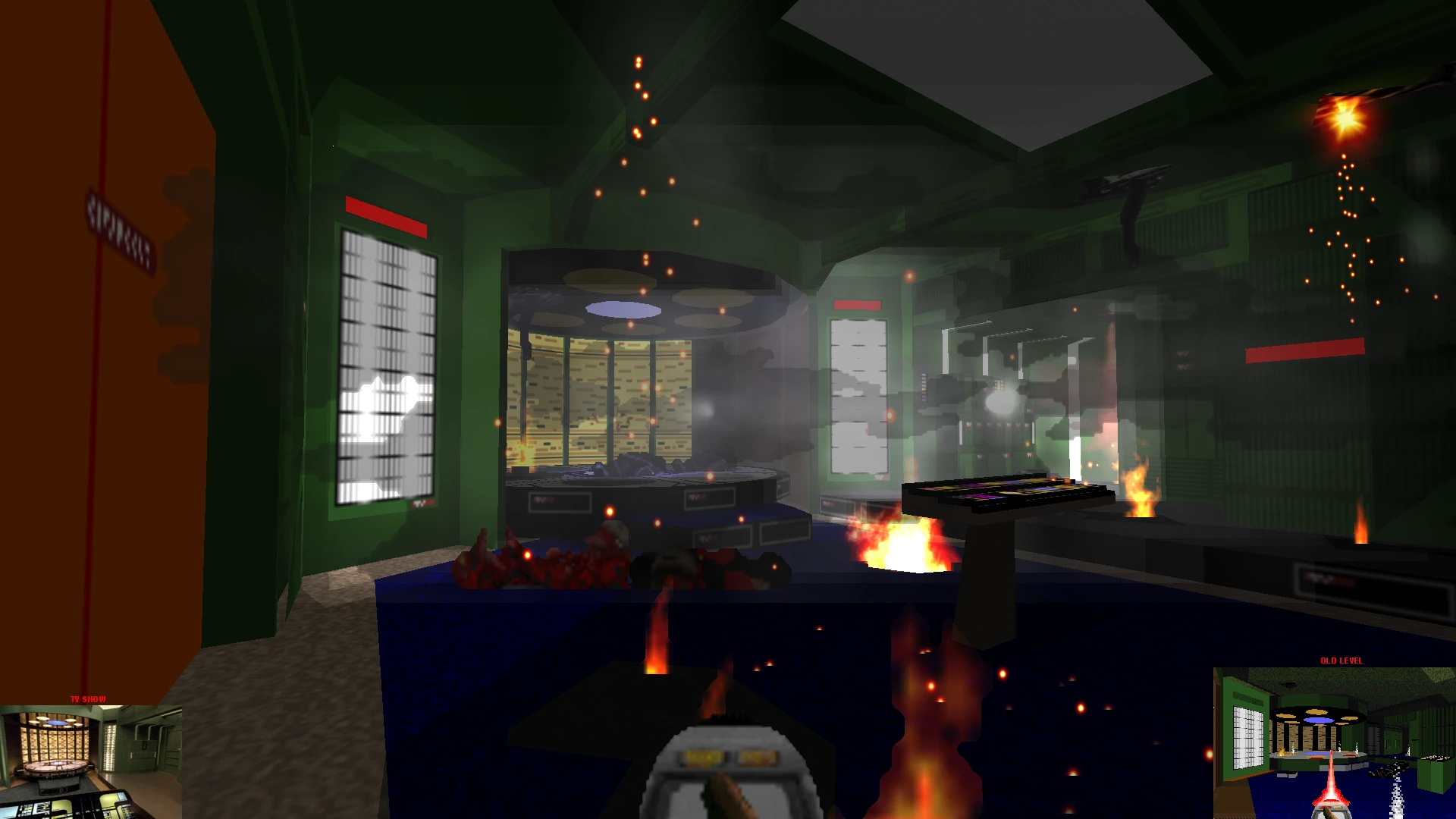 Gameplay view from Doom II Star Trek Doom Project mod showing a burning sci-fi spaceship room with control panels