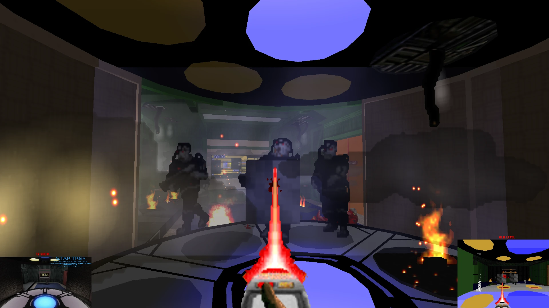 First-person shooter view firing at three armed enemies in a futuristic corridor with flames and shadow effects