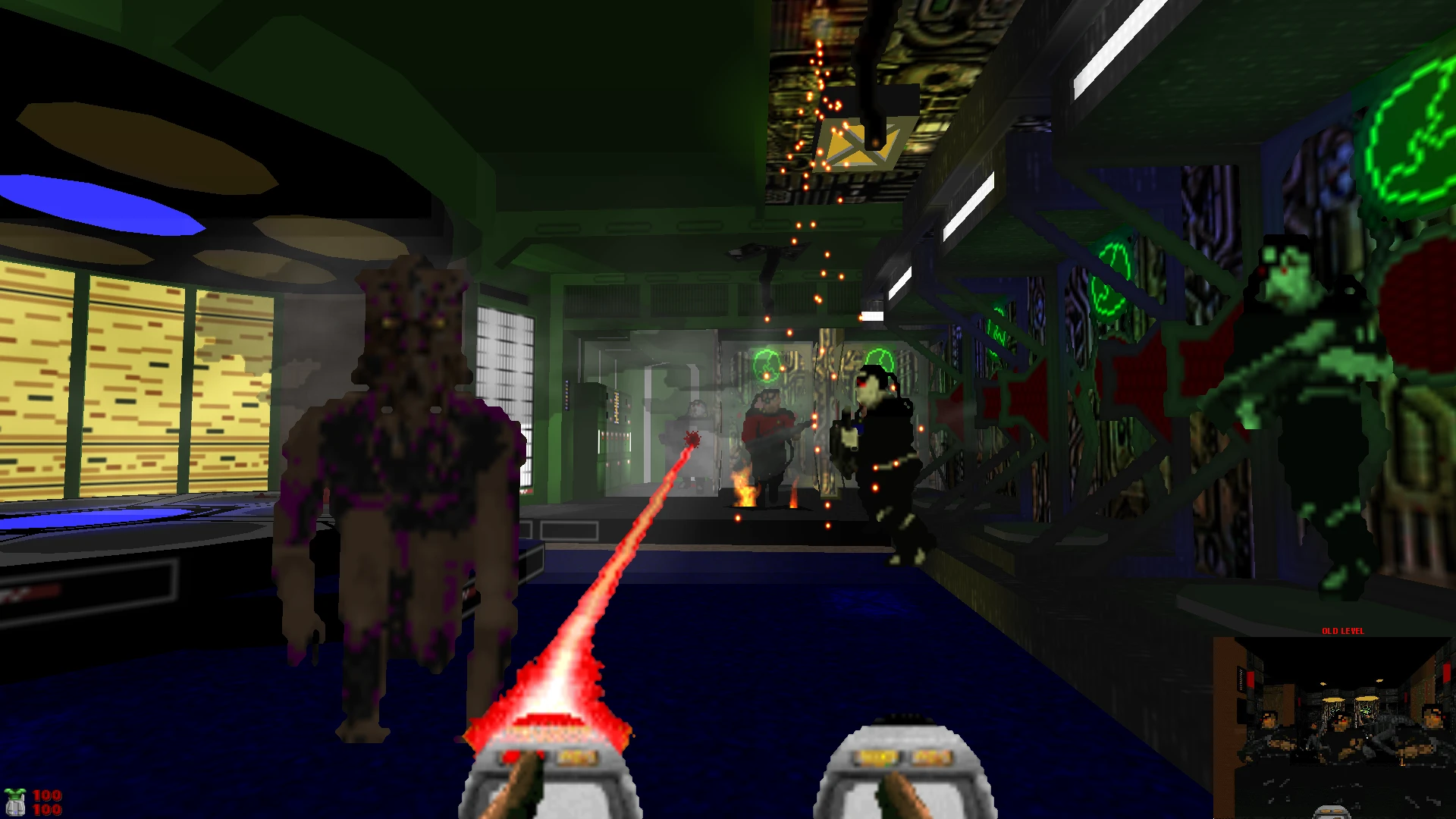 Player firing red energy weapon at humanoid enemies in a sci-fi Star Trek themed Doom II mod level