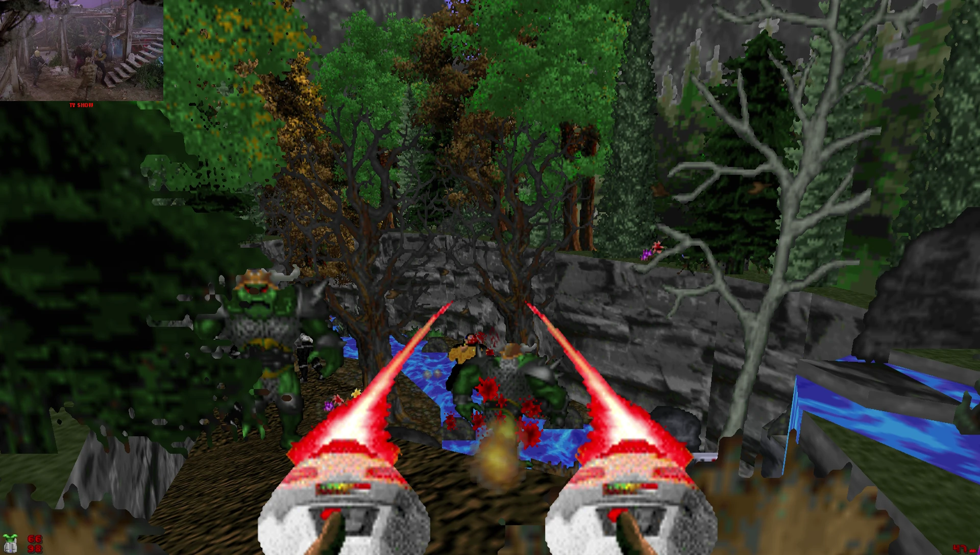 First-person shooter view firing dual laser pistols at green enemies near a stream in a pixelated forest
