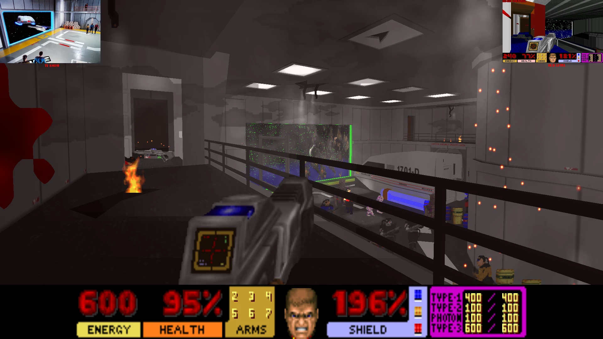 First-person view in Doom II mod showing a futuristic Star Trek style ship interior with combat elements