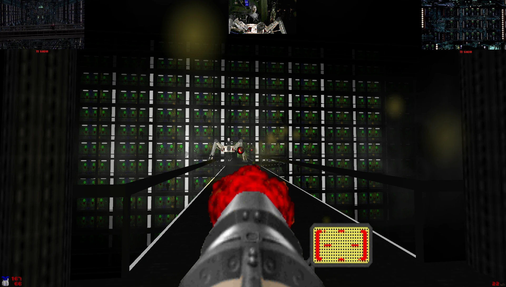 First-person view shooting a robotic spider enemy on a narrow catwalk in the Star Trek Doom Project mod