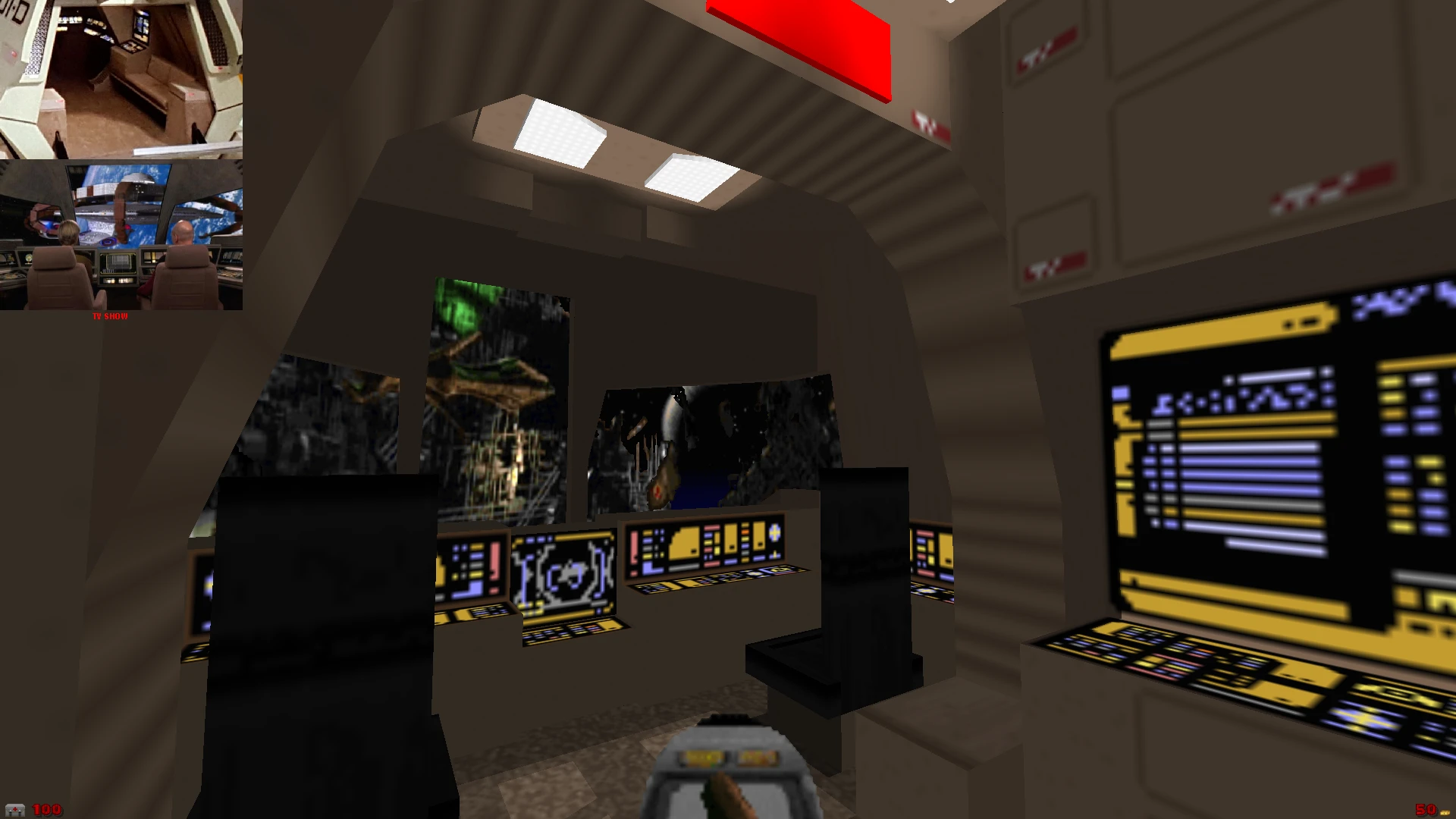 Screenshot showing a spaceship bridge interior with futuristic control panels in Doom II Star Trek Doom Project mod