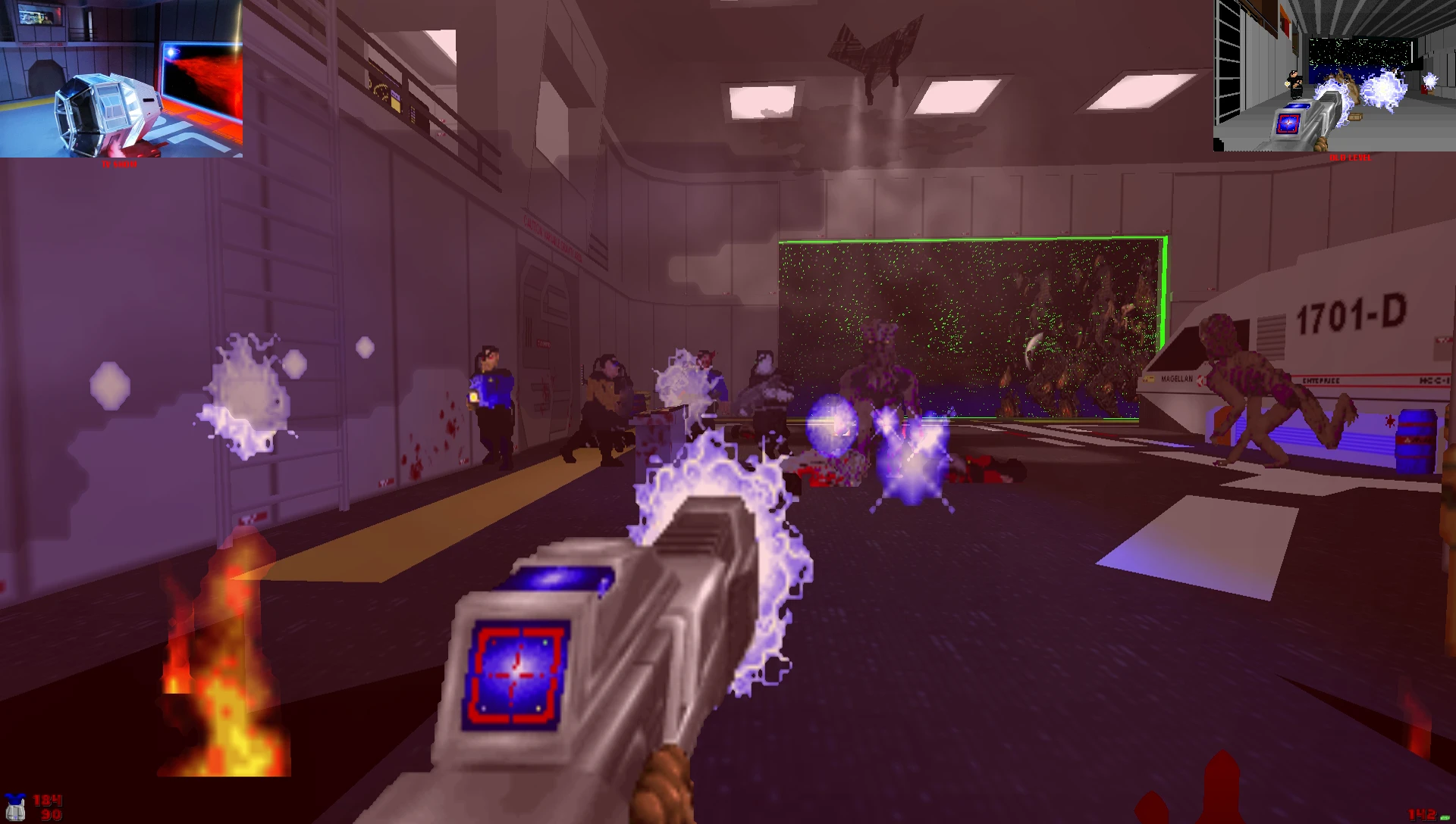 First-person view firing blue energy weapon at humanoid enemies aboard a spaceship bridge in Doom II Star Trek mod