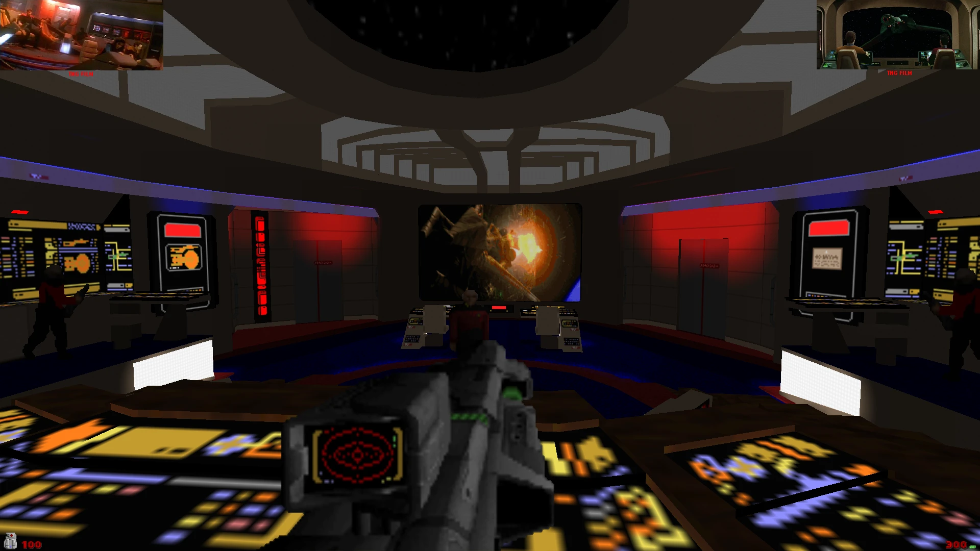First-person view in Doom II mod showing bridge interior with controls and characters