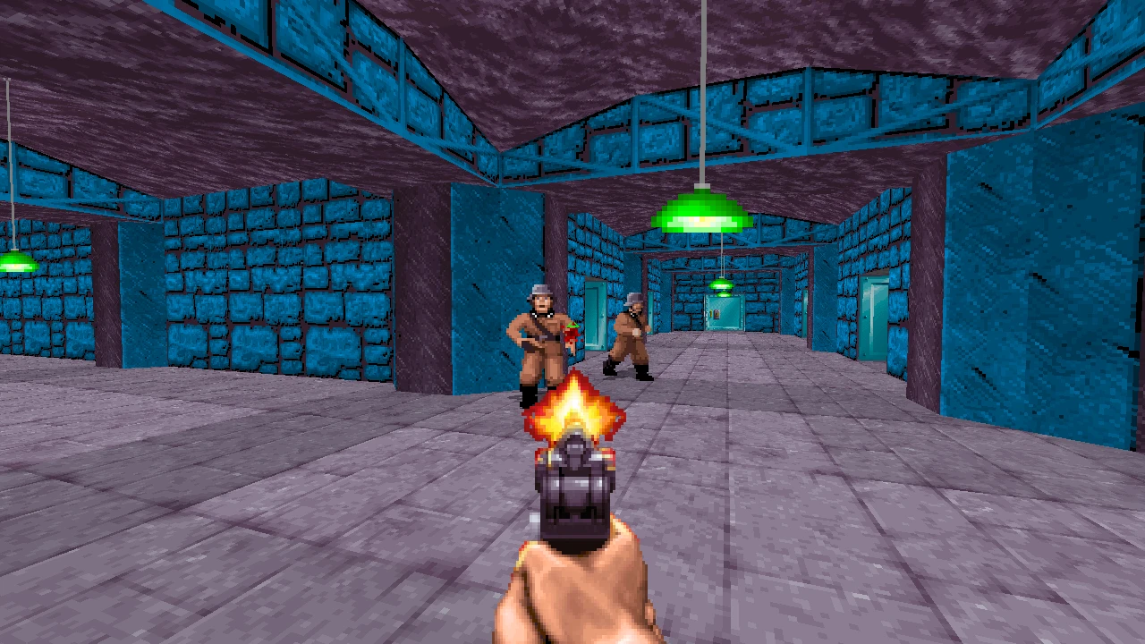 First-person view shooting gun at two pixelated Nazi soldiers in blue stone corridor from Doom II SUPER WOLFENSTEIN 3D mod