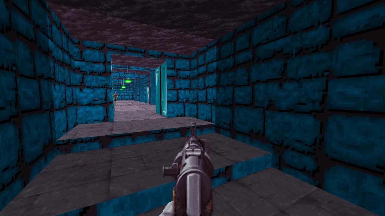 First-person view holding a gun navigating blue stone walls and an open blue door in SUPER WOLFENSTEIN 3D mod of Doom II
