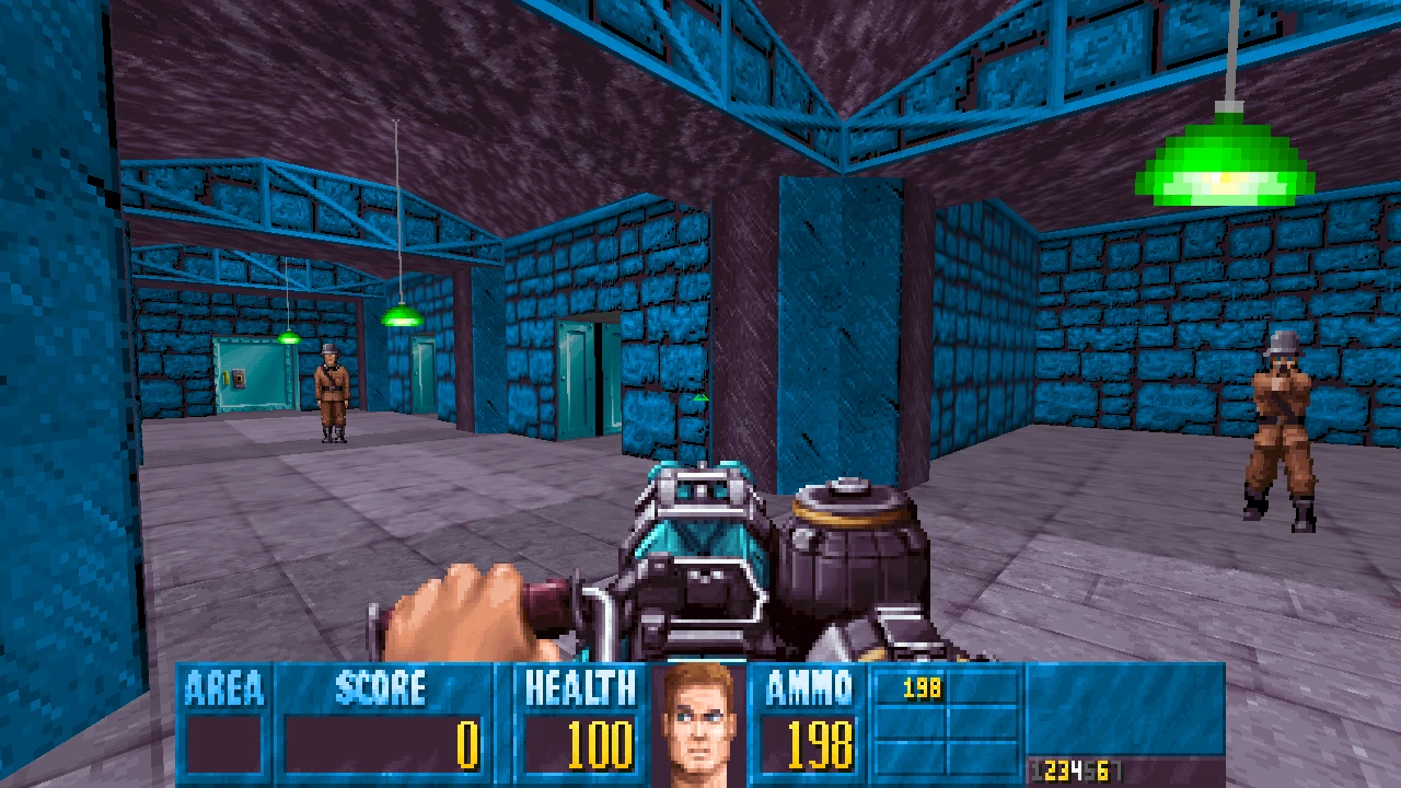 First-person view in SUPER WOLFENSTEIN 3D mod showing pixelated soldiers and futuristic weapon