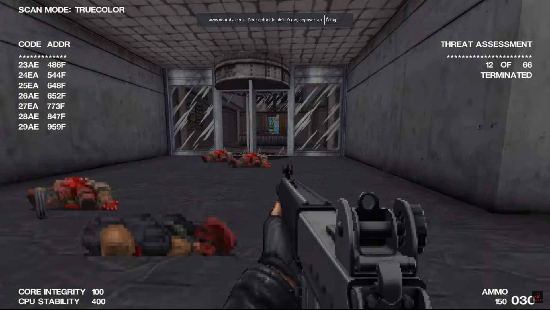 Captura de pantalla en primera persona con rifle y enemigos derrotados en el mod Terminator Doom para Doom II