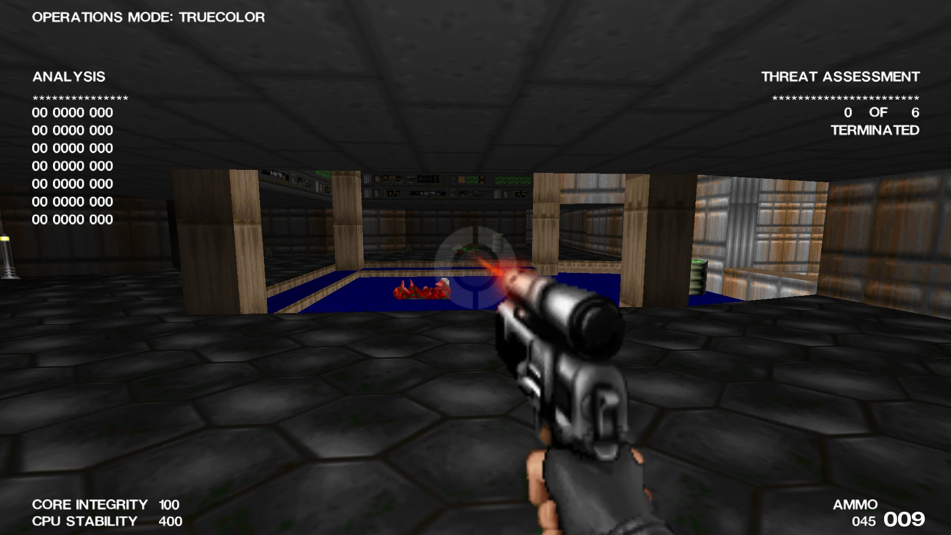 Captura del juego Doom II con mod Terminator Doom mostrando disparo y HUD
