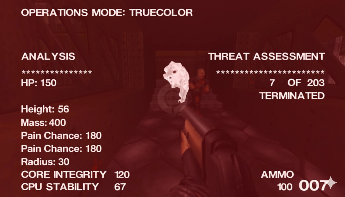 Captura mostrando vista en primera persona con escopeta y HUD cibernético con análisis y evaluación de amenazas