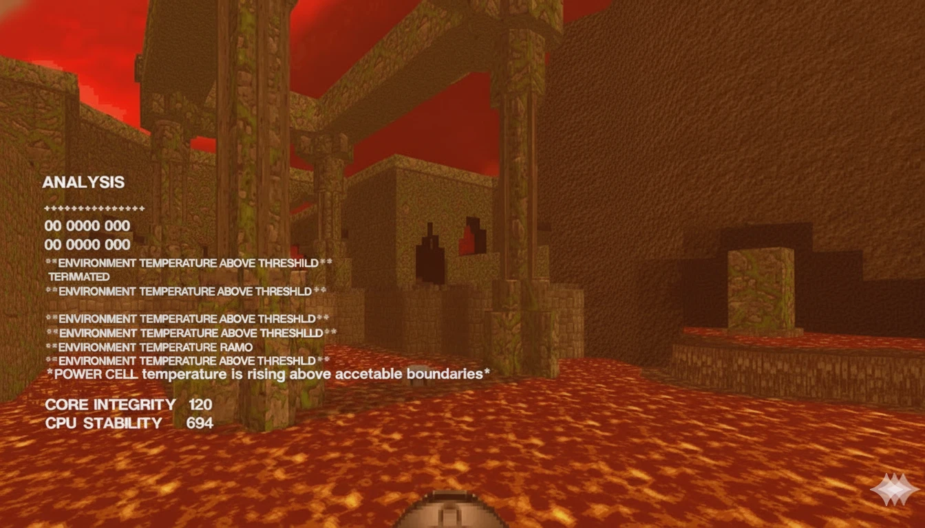 Captura de pantalla del mod TERMINATOR DOOM con suelo de lava y texto de diagnóstico sobre temperatura e integridad del núcleo