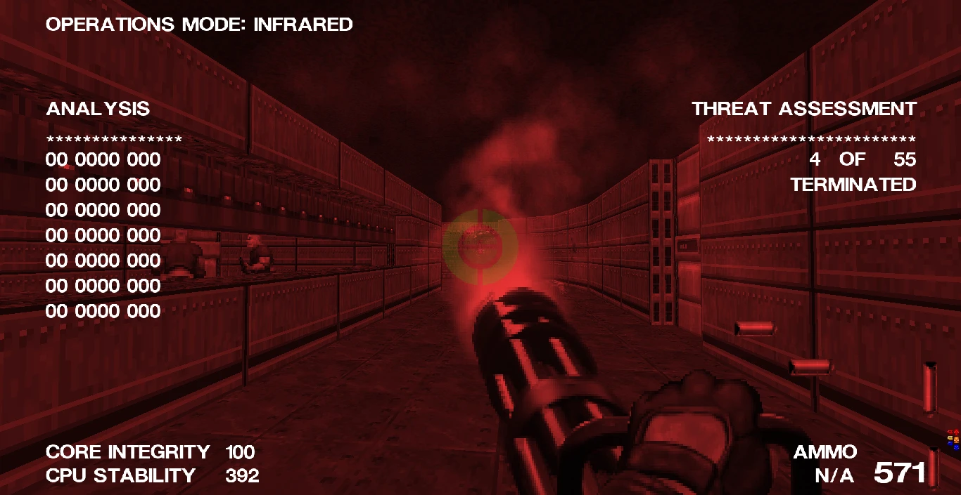 Vista en primera persona en Doom II Terminator Doom mostrando modo infrarrojo con análisis de amenazas y munición