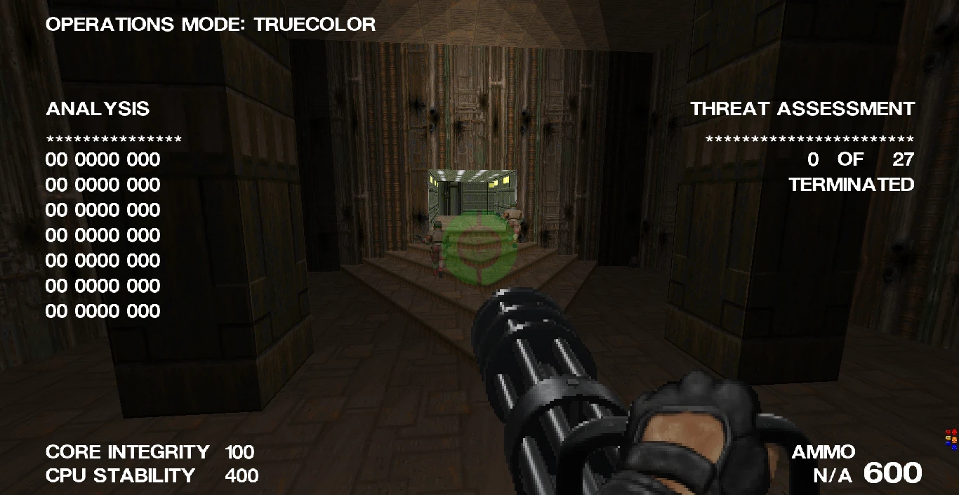 Captura de pantalla del mod Terminator Doom mostrando vista en primera persona con minigun, HUD y enemigos en un pasillo oscuro