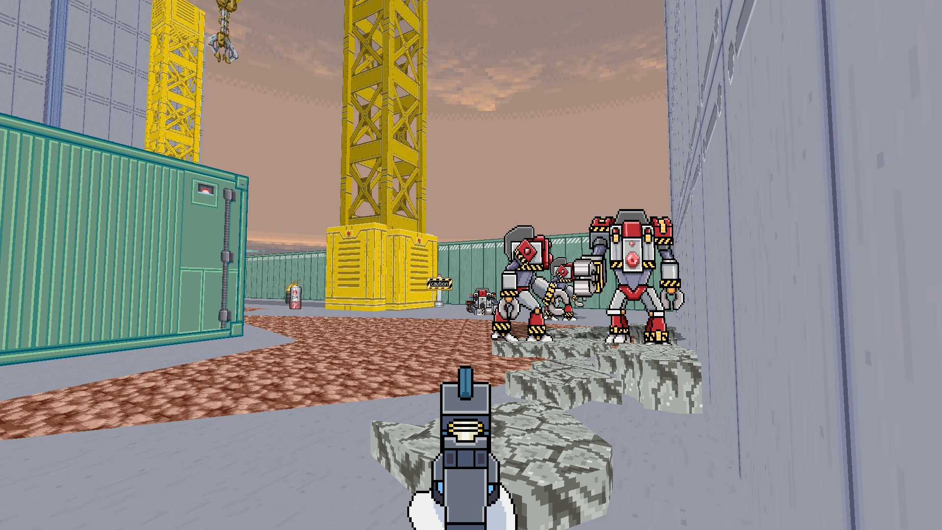 First-person view of robotic enemies in an industrial setting with yellow cranes in Doom II The Maverick Hunter Chronicles