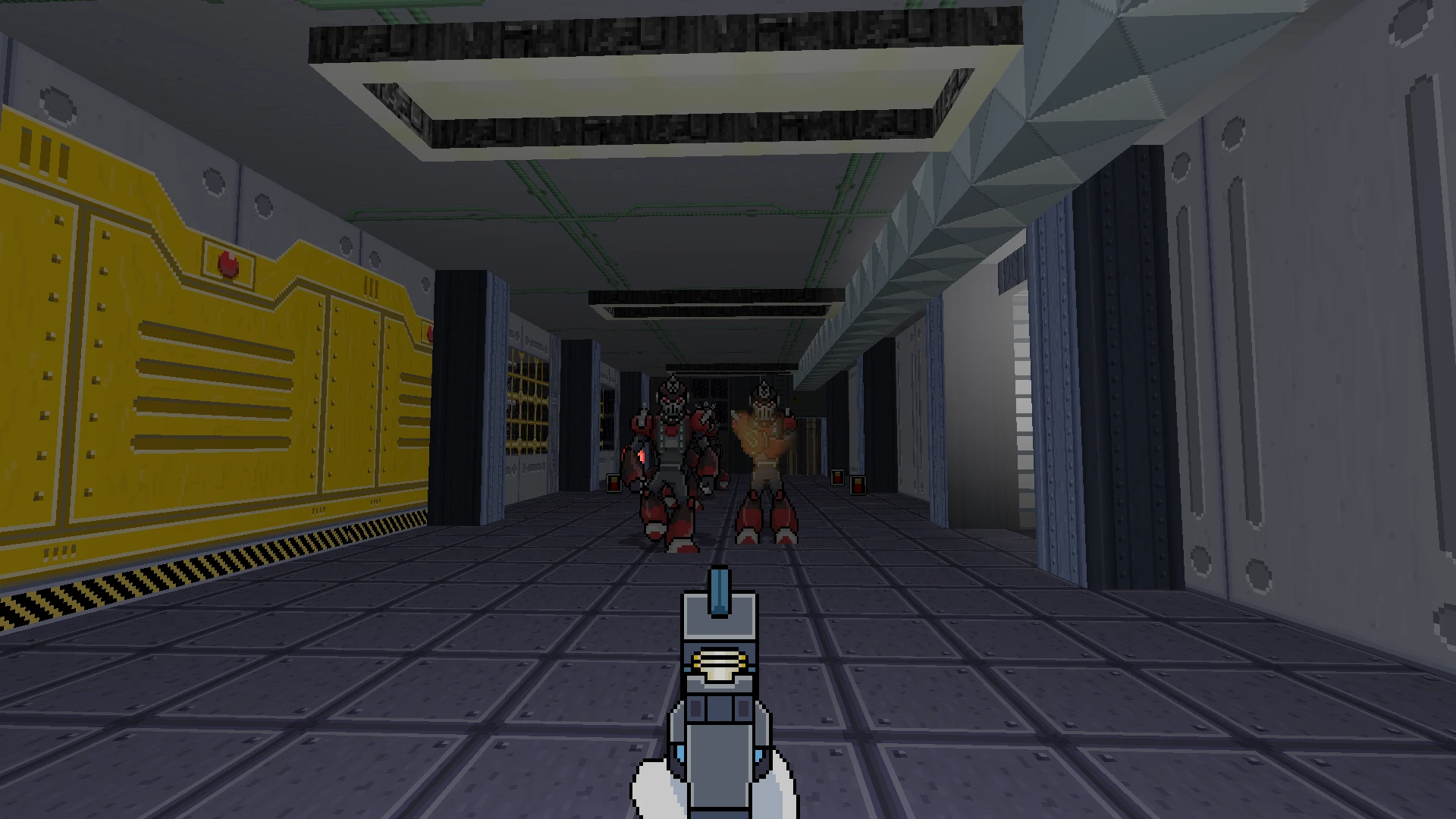 First-person view aiming a futuristic pistol at two robot enemies in a sci-fi corridor in Doom II mod