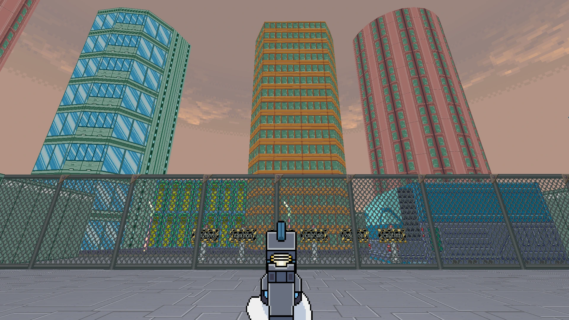 First-person view of pixelated gun aiming at a fenced urban area with tall colorful buildings and cloudy sky in Doom II mod