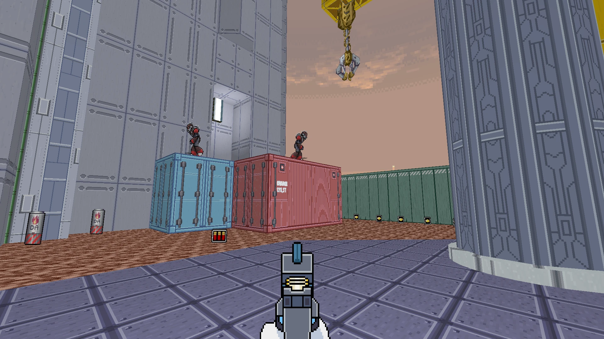 Player aiming at two armored foes standing on red and blue cargo containers in a sci-fi environment