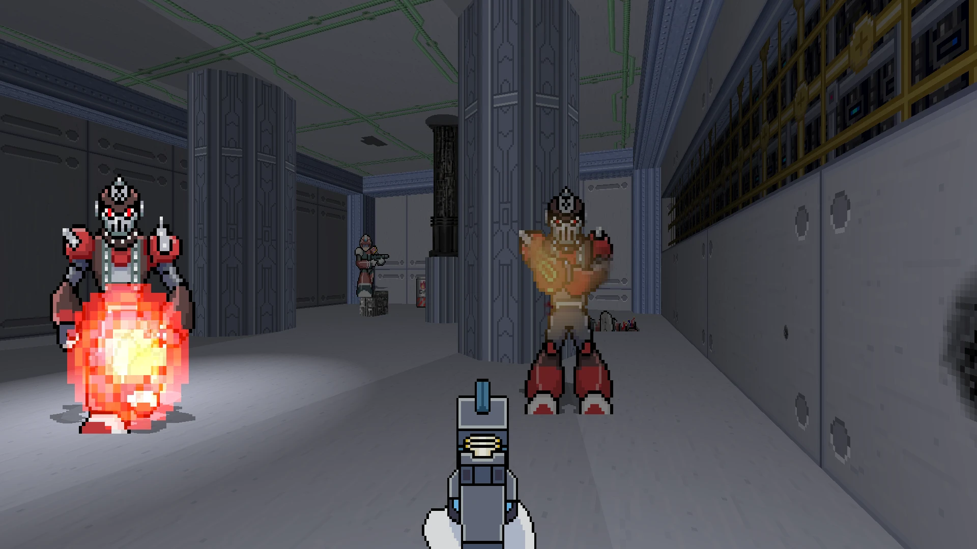 First-person view shows pixelated enemies attacking in a futuristic tech corridor in The Maverick Hunter Chronicles mod for Doom II